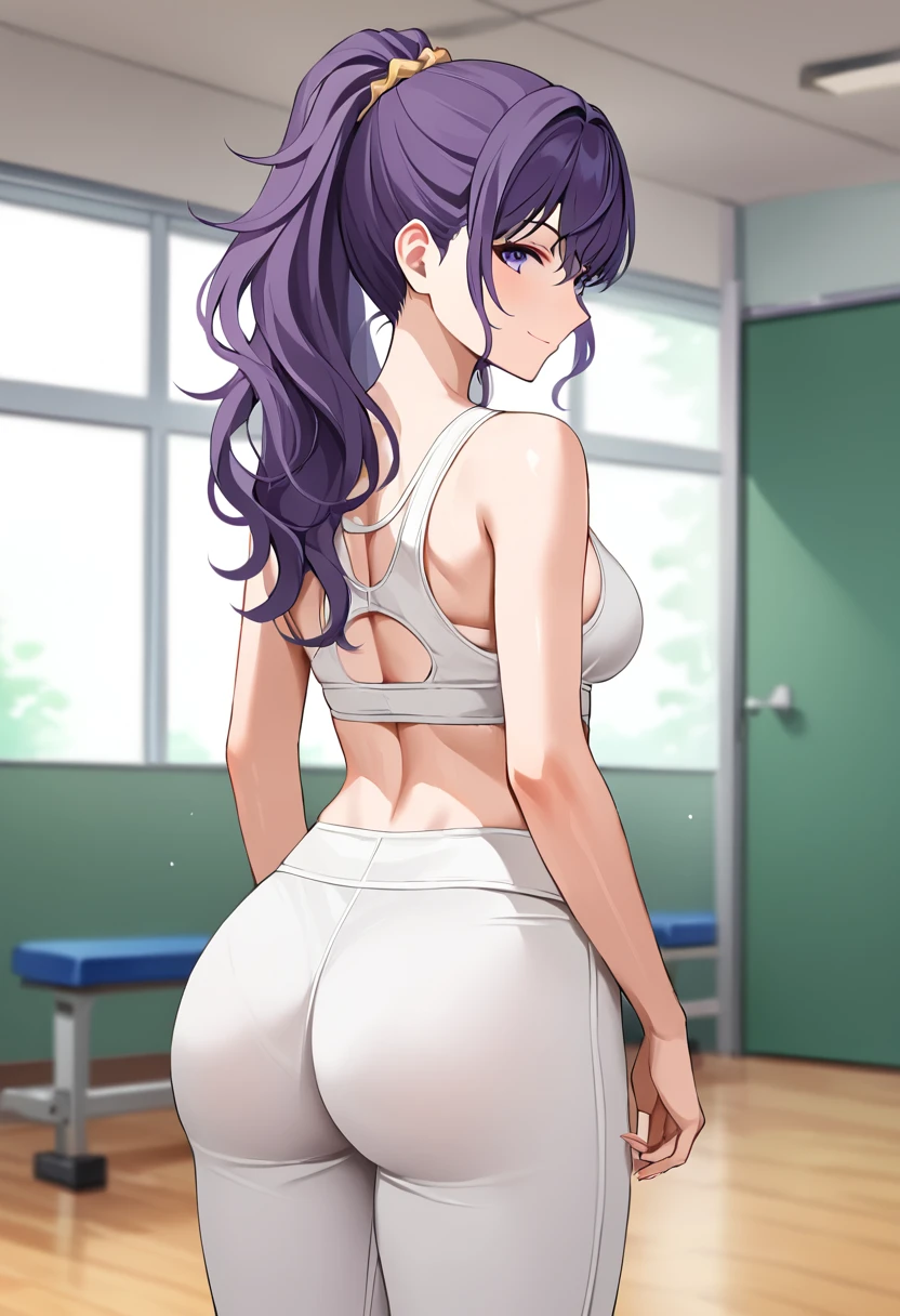 asahina_mafuyu, purple hair, long hair, ponytail, purple eyes,medium breasts, white sport bra, white tight pants, round ass
BREAK
indoors, gym
BREAK
cowboy shot,  standing,closed mouth, flirty, from behind, looking back, seductive smile, hands on gips
BREAK
best quality, masterpiece,score_9, score_8_up, score_7_up, perfect hand, , source_anime, zPDXL, <lora:Asahina_Mafuyu_r2:0.8>