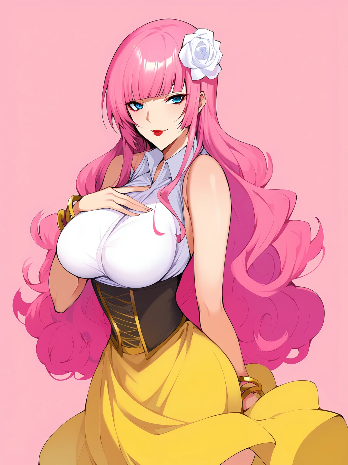 score_9,score_8_up,score_7_up,score_anime,
BREAK
1girl,long hair,solo,skirt,pink hair,blue eyes,very long hair,shirt,breasts,hair ornament,yellow skirt,white shirt,pink background,sleeveless,large breasts,looking at viewer,flower,bangs,hair flower,simple background,sleeveless shirt,high-waist skirt,seductive smile,collared shirt,bracelet,hand on own chest,bare shoulders,feet out of frame,standing,jewelry,white flower,lips,bare arms,makeup,closed mouth,hand up,lipstick,dress shirt,blunt bangs,curly hair,red lips,shirt tucked in,pink lips,megurine luka,mole,
BREAK <lora:LDART_style_pony:0.95>,, masterpiece, best quality,