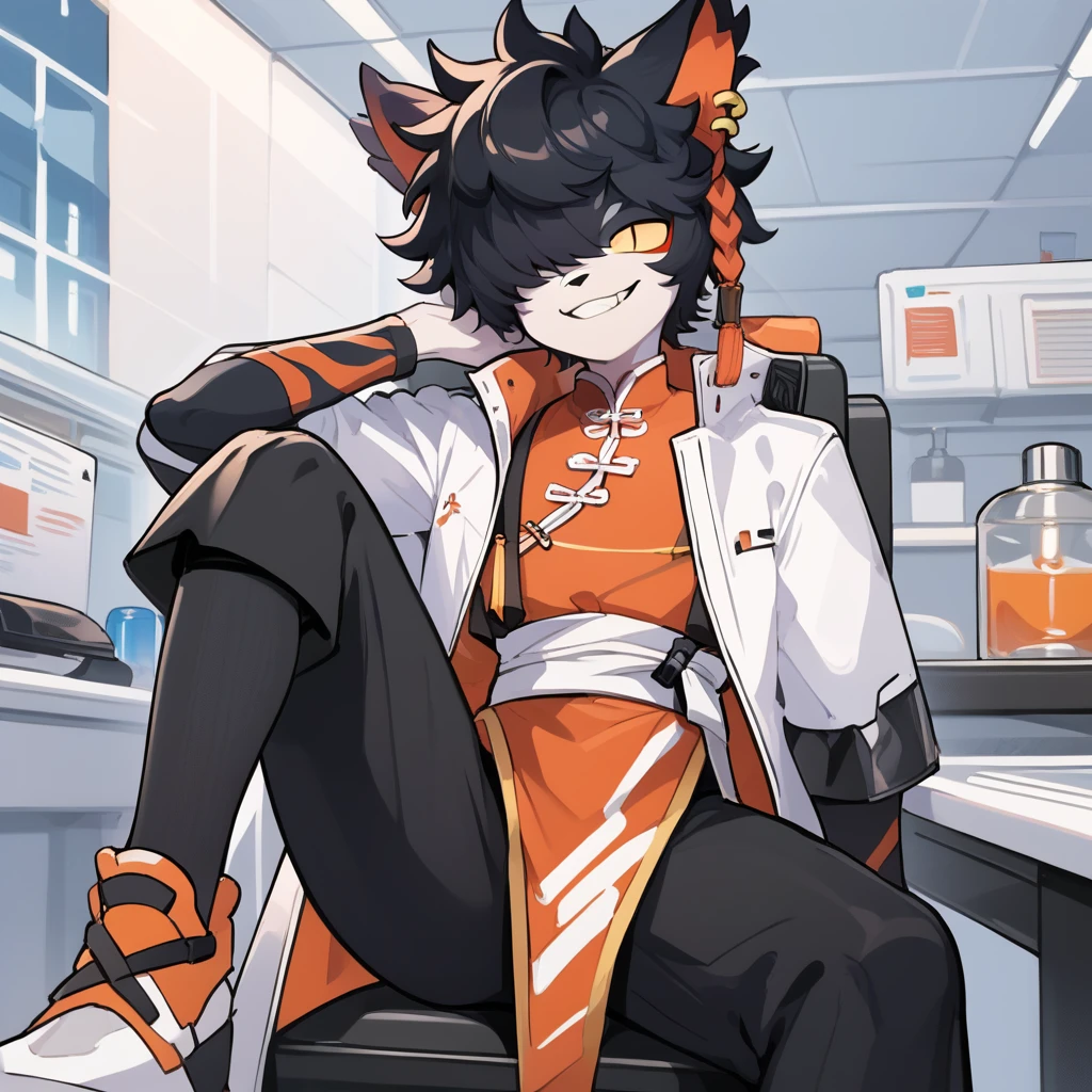 score_9, anime, detailed, soft lighting, 1boy, laboratory office, solo anthro male aakarknights, black hair, bangs, hair over one eye, earrings, orange single braid, yellow sclera, slit pupils, black pants, white coat, white sash. chinese clothes, orange vest, looking at viewer, smiling, sitting on chair, smug<lora:EMS-355684-EMS:0.800000>, <lora:EMS-405490-EMS:0.800000>