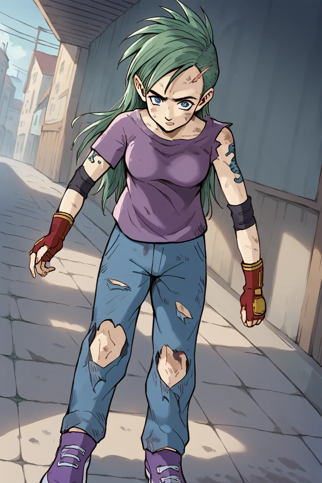 (score_9,score_8_up, score_7_up:1.1), source_anime,rating_safe, (Xkinerax:1.1), (running:1.0), (frontal perspective, long wide jean pants with tears at the knees, big purple sneakers, purple t-shirt, dirty ,beautiful face, Red gloves with yellow details, elbows, panic face,blue eyes:1.0)(blue seahorse tattoo on left arm shoulder)<lora:EMS-405310-EMS:1.000000>