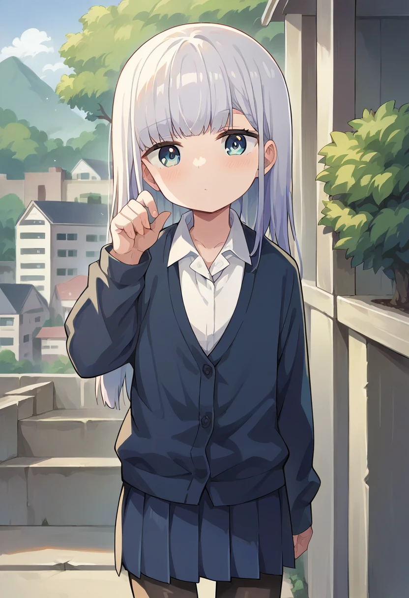 score_9, score_8_up, score_7_up, source_anime, masterpiece, 1girl, ctianaharen, jitome, school uniform, collared shirt, cardigan, blue skirt, black pantyhose, looking at viewer, standing, hand up, facing viewer, outdoors, <lora:Reinaaharen_pony_ct:0.9>