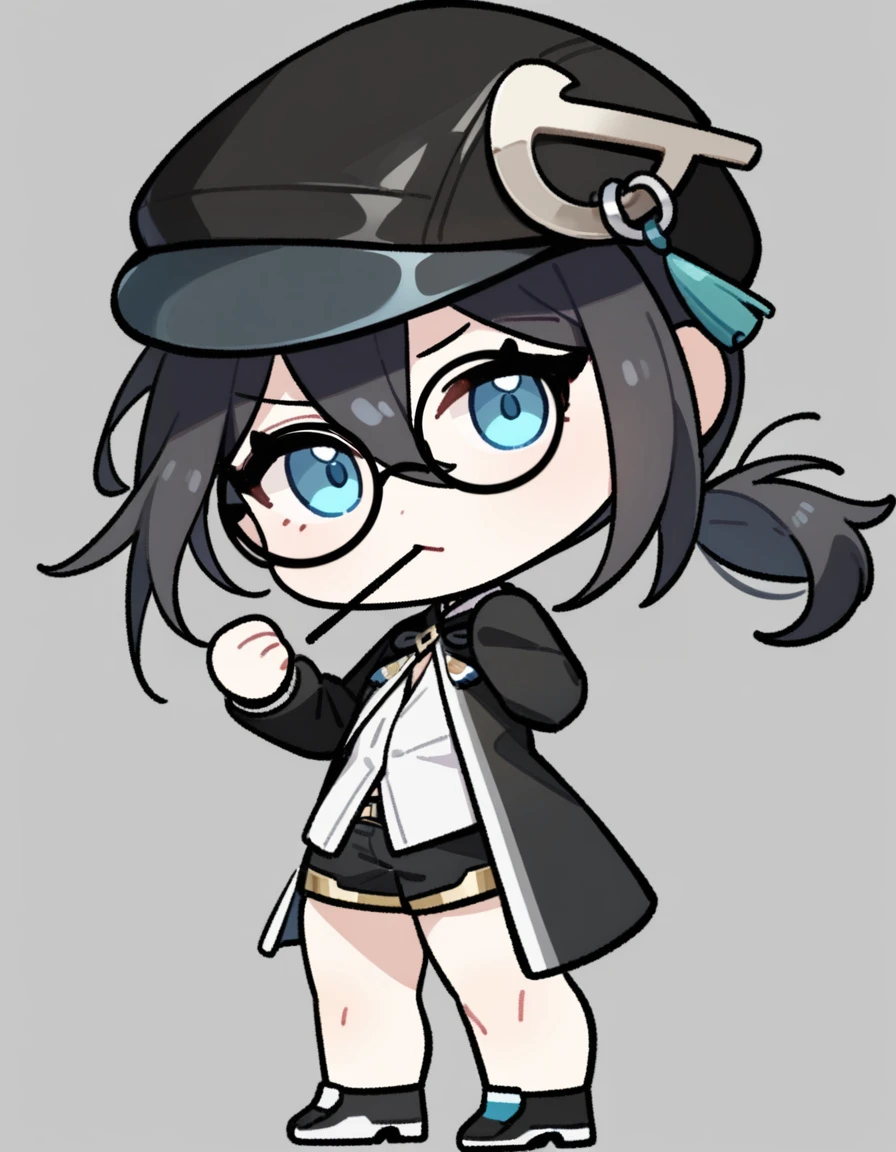 masterpiece,best quality,
looking at viewer,
<lora:maque_xl:0.8>,(chibi:1.2),fellowmoon-maque,1girl,solo,shorts,hat,blue eyes,black hair,black shorts,glasses,shirt,black headwear,round eyewear,white shirt,jacket,black jacket,mouth hold,long sleeves,jewelry,