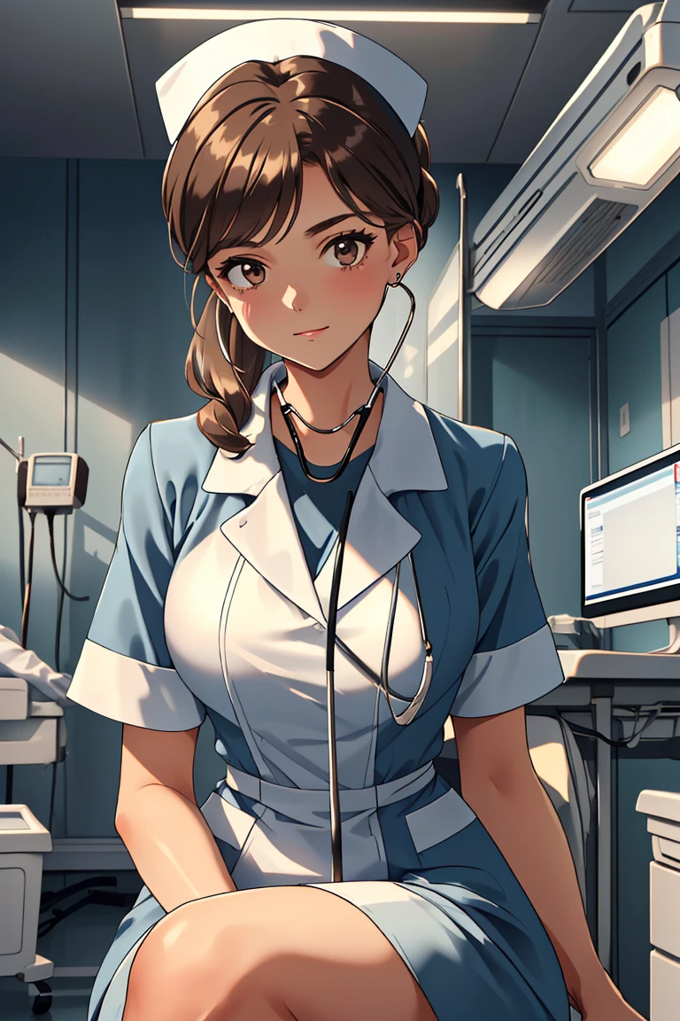 (RAW photo, best quality,facing the viewer,from front), operating room, overhead surgical light,blurred background, focused, dithering,backlighting,
 <lora:CM_Nurse_Stethoscope_Listen_V2.0-000005:0.85> nurse_listensteth, 1girl, solo, nurse, stethoscope, nurse cap, sitting, 
 <lora:Klaviana_V1.0:0.7> klaviana,brown hair, brown eyes,folded ponytail, 1990s (style),