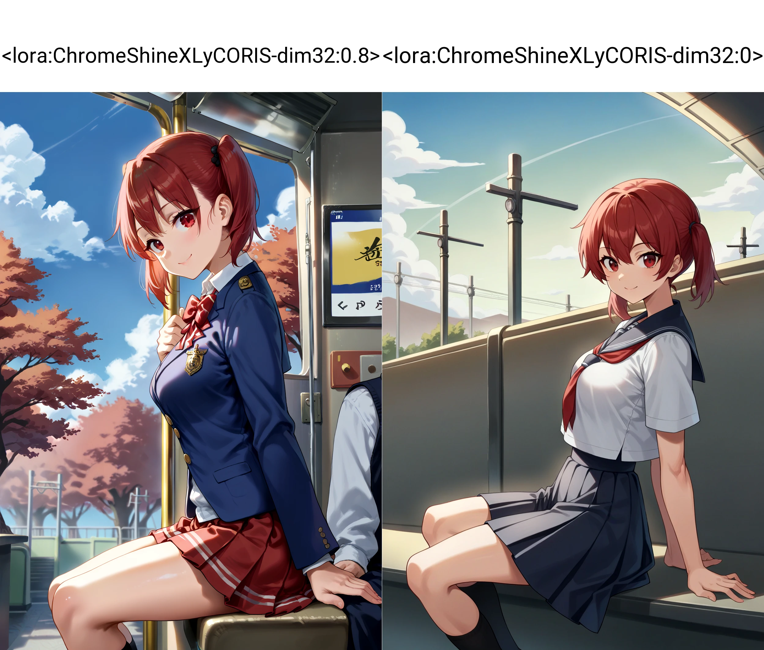 <lora:ChromeShineXLyCORIS-dim32:0.8> score_9, solo, 1girl, from side, looking at viewer, red hair, red eyes, short twintails, straight hair, long hair, school uniform, light smile, medium breasts, sitting, train_station, cloud,