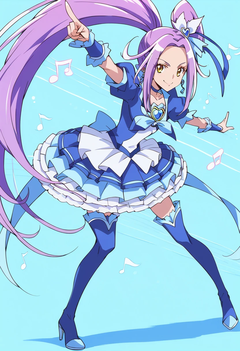 score_9, score_8_up, score_7_up, source_anime BREAK
cure beat, 1girl, solo, purple hair, thigh boots, blue skirt, blue footwear, side ponytail, zettai ryouiki, musical note, blue choker, yellow eyes, full body, blue legwear, smile, treble clef, wrist cuffs, hairpin, blue background, ponytail, eighth note, eyelashes, earrings, hair ribbon, arm up, sharp sign, brooch, beamed eighth notes, frilled skirt, flat sign, happy, quarter note, clockshow, pointing, bass clef, sixteenth note, standing, blue theme, heart hair ornament, very long hair, looking at viewer, eighth rest, blue dress, beamed sixteenth notes, knee boots, gathers, index finger raised, puffy sleeves, arm warmers, quarter rest, high ponytail, pose, pointing up, instrument, high heels, miniskirt, blue bow, blue thighhighs, layered skirt
<lora:cure_beat_kurokawa_eren_sdxl_locon_pony_v1:0.7>