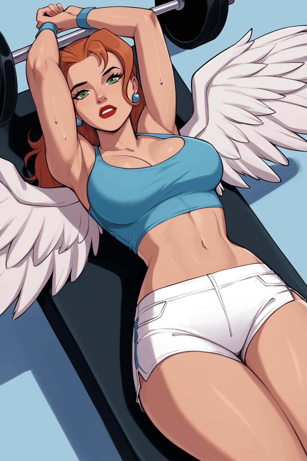 (retro artstyle, parody:1.1), source_cartoon, score_9, score_8_up, score_7_up, score_6_up, <lora:add-detail-xl:1>, ((zPDXL2)), (absurd resolution, perfect anatomy, from above, cowboy shot) BREAK <lora:Hawkgirl_r1:0.8> shayera hol, angel wings, feathered wings, wings, long hair, green eyes, raised eyebow, blue tank top, white shorts, lipstick, large breasts, curvy, toned, athletic, thigh gap, sweat, ((lying on back on a weightlifting bench, horizontal body, strained muscles, working out, barbell on rack, bench-press)), futuristic gym, indoors