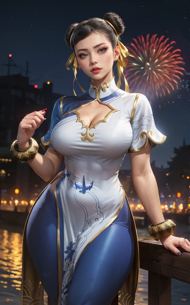 masterpiece, best quality, highres, 
(contrapposto)<lora:GAME_StreetFighter_ChunLi_ownwaifu:1> ,
WhiteDress_ChunLi_ownwaifu, 
1girl, chun-li, brown hair, brown eyes, large breasts, red eyeshadow, hair bun, double bun, hair ribbon, makeup, large breasts, (thick thighs), muscular female, toned, bangs, lipstick, eyeliner, wide hips, 
white dress, tight pants, blue pants, china dress, chinese clothes, bracelet, short sleeves, cleavage cutout, yellow ribbon, pelvic curtain, gold trim, skin tight, 
canal, vanishing point, depth_of_field, scenery, night, bloom, aerial fireworks, solo, cowboy shot, looking at viewer,