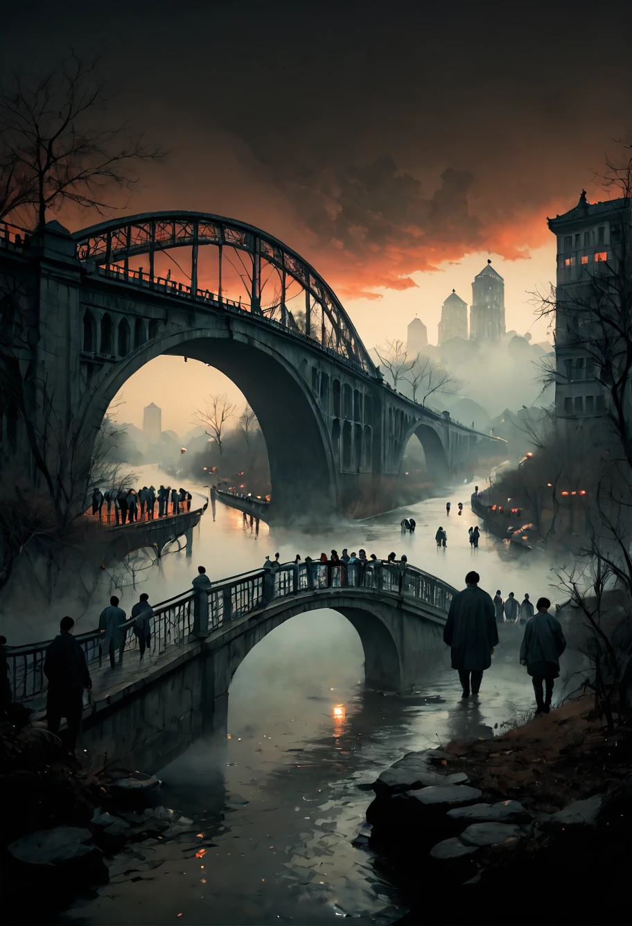 score_9,score_8_up,score_7_up,8k,,ruanyi0698,bridge,red sky,fog,river,horror theme,crowd,<lora:0698 Naihe Bridge_v1_pony:1>