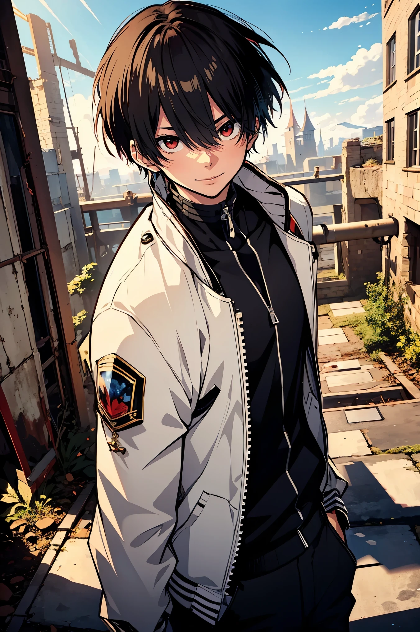 (masterpiece, best quality:1.2), rekkyou sensen,rekkyo sensen, hasuichi nishizono ,black hair, red eyes, boy, male, anime,1boy, bangs, hair between eyes, jacket, looking at viewer, male focus, short hair, solo, zipper, black underwear, silver choker, background with((fantasy world, ruin, castle, beautiful sky, shining sky, sunshine))