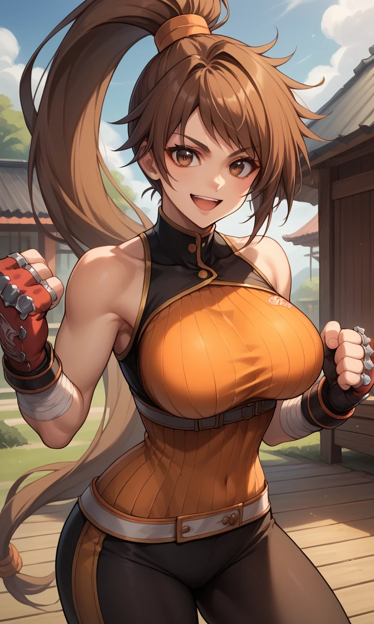 score_9, score_8_up, score_7_up, score_6_up, source_anime, BREAK masterpiece, StrikerDNF, high ponytail, brown eyes, orange hair-tie, orange sleeveless turtleneck, framed breasts, black leggings, fingerless gloves, breasts, smile, open mouth, raised fist, looking at viewer, cowboy shot, dojo, wooden wall,