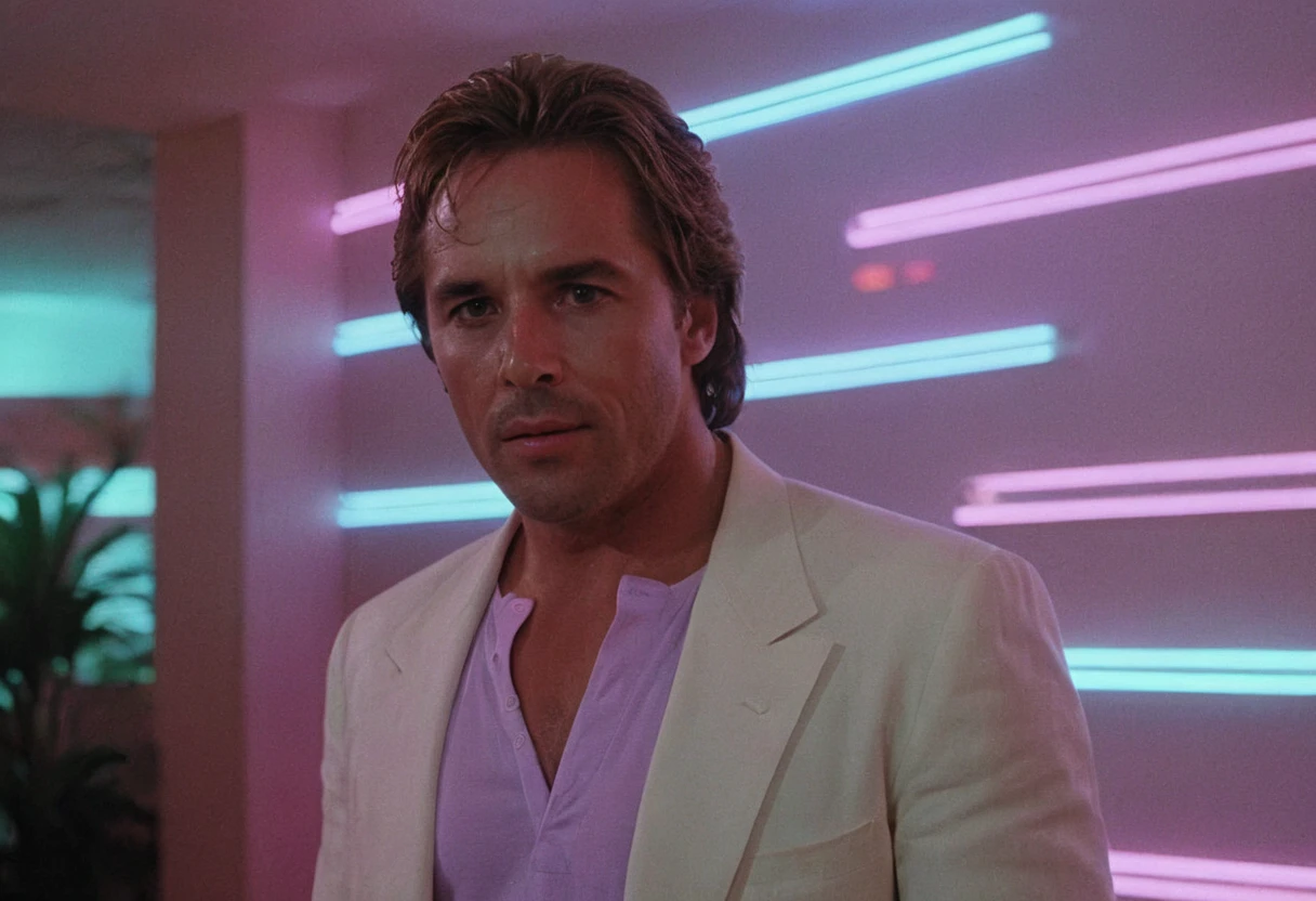 UHD, 8K, ultra detailed, a cinematic photograph of (MiamiVice, Sonny Crockett, neon lights, indoors), beautiful lighting, great composition