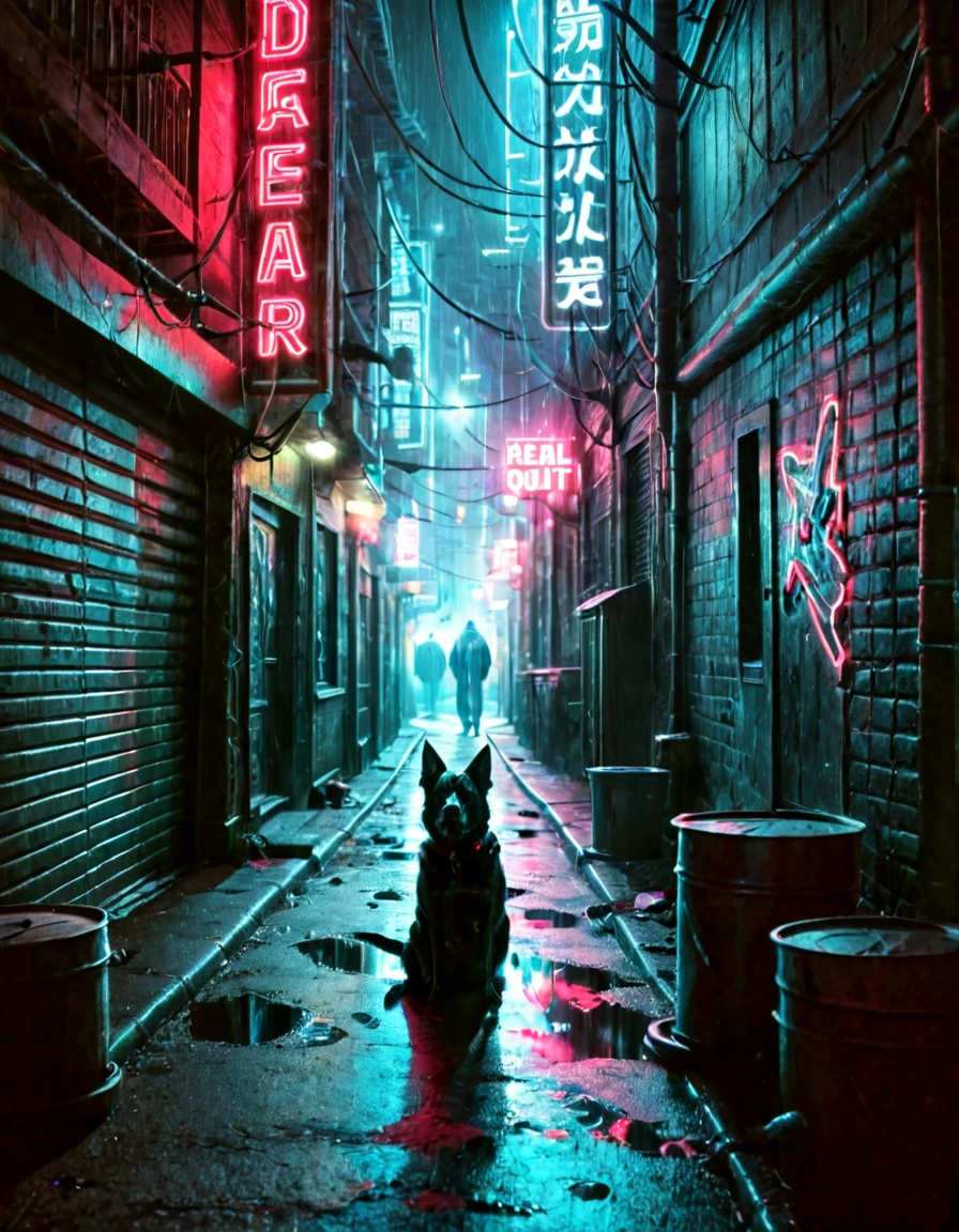 low quality,reddit,real life photo,traditional media,Amateur,film grain,RAW, cyberpunknoirlora, city, night, backstreet, dead end, neon, noir, dog, portrait,