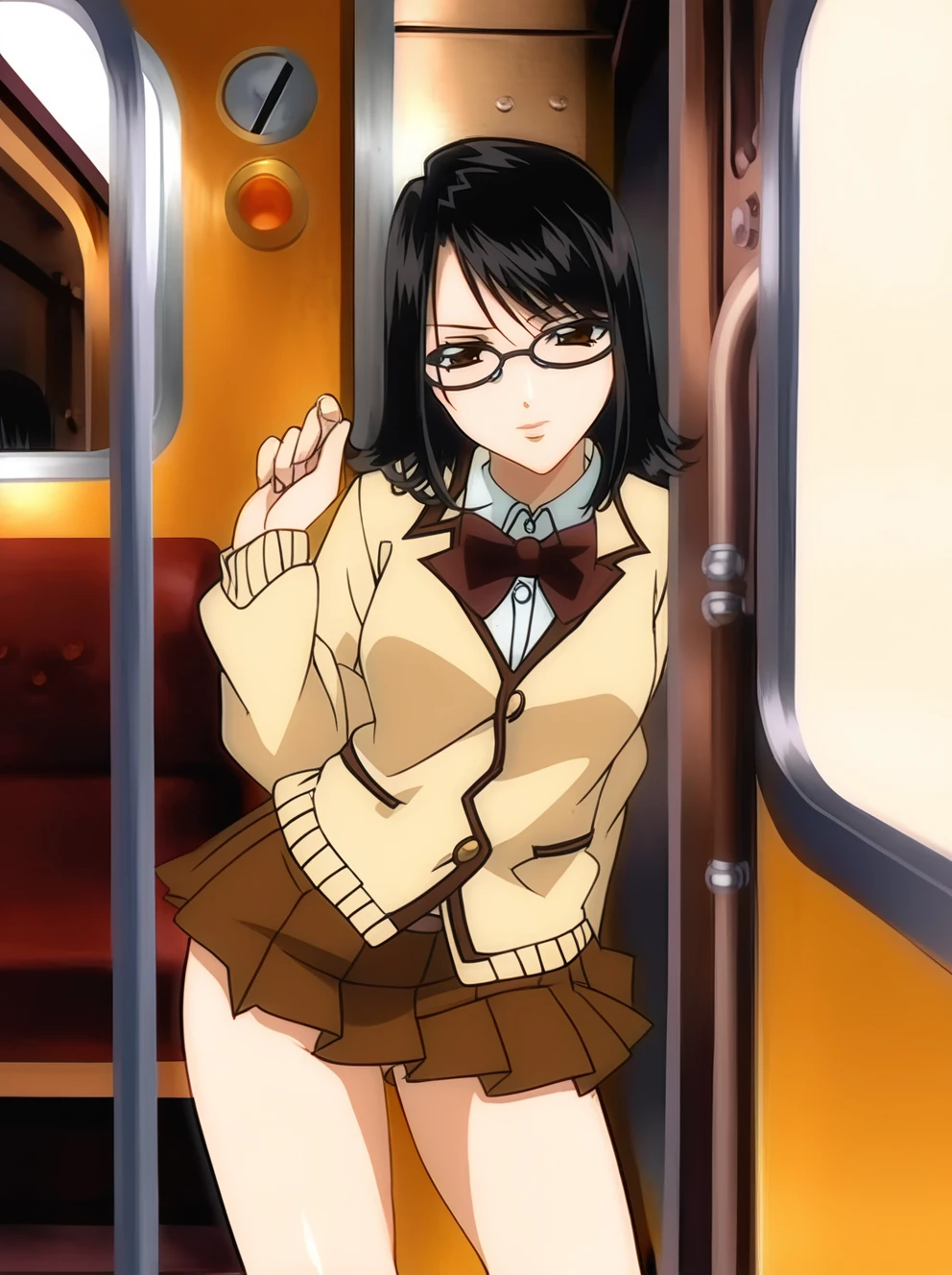 a woman,magane,looking at viewer, glasses,  cardigan,bowtie,pleated skirt, <lora:magane:0.95>,brown skirt,long sleeves, microskirt, inside train,sleeves above the fingers,black hair,