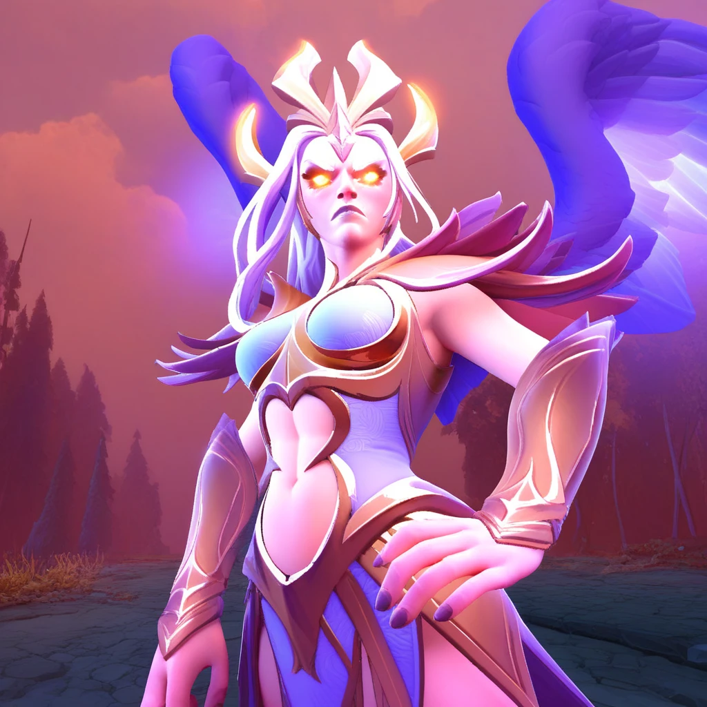 score_9, score_8_up, score_7_up, source_anime, 3d, <lora:vengeful_spirit_arcana_5:0.5> vengeful_spirit_arcana, navel cutout, wings, pink crown, upper body, pink eyes, glowing eyes, night, blue skin, bent over,