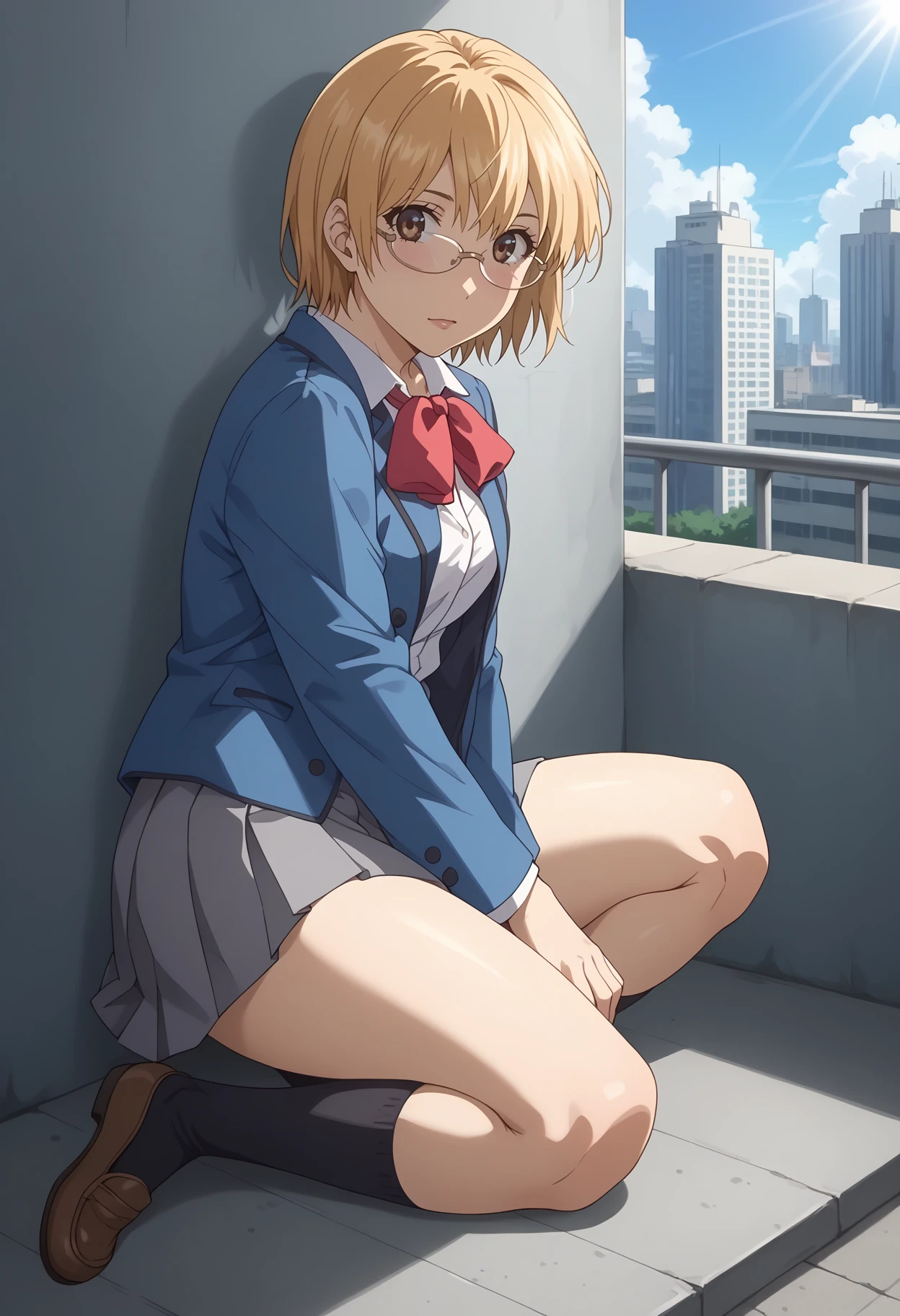 <lora:ShokoShimuraXLpony001>,
score_9,score_8_up,score_7_up,
BREAK
anime_source,rating_explicit,best quality,masterpiece,aesthetic,highly detailed,perfect anatomy,source_anime,very cute,
solo,
ShokoShimura,1girl,blonde hair,short hair,brown eyes,eyewear,
school_uniform,blue jacket,red bowtie,
pleated_skirt,gray skirt,
black socks,
full body,sitting,
realistic background,
sunlight,city,skyscraper,road,