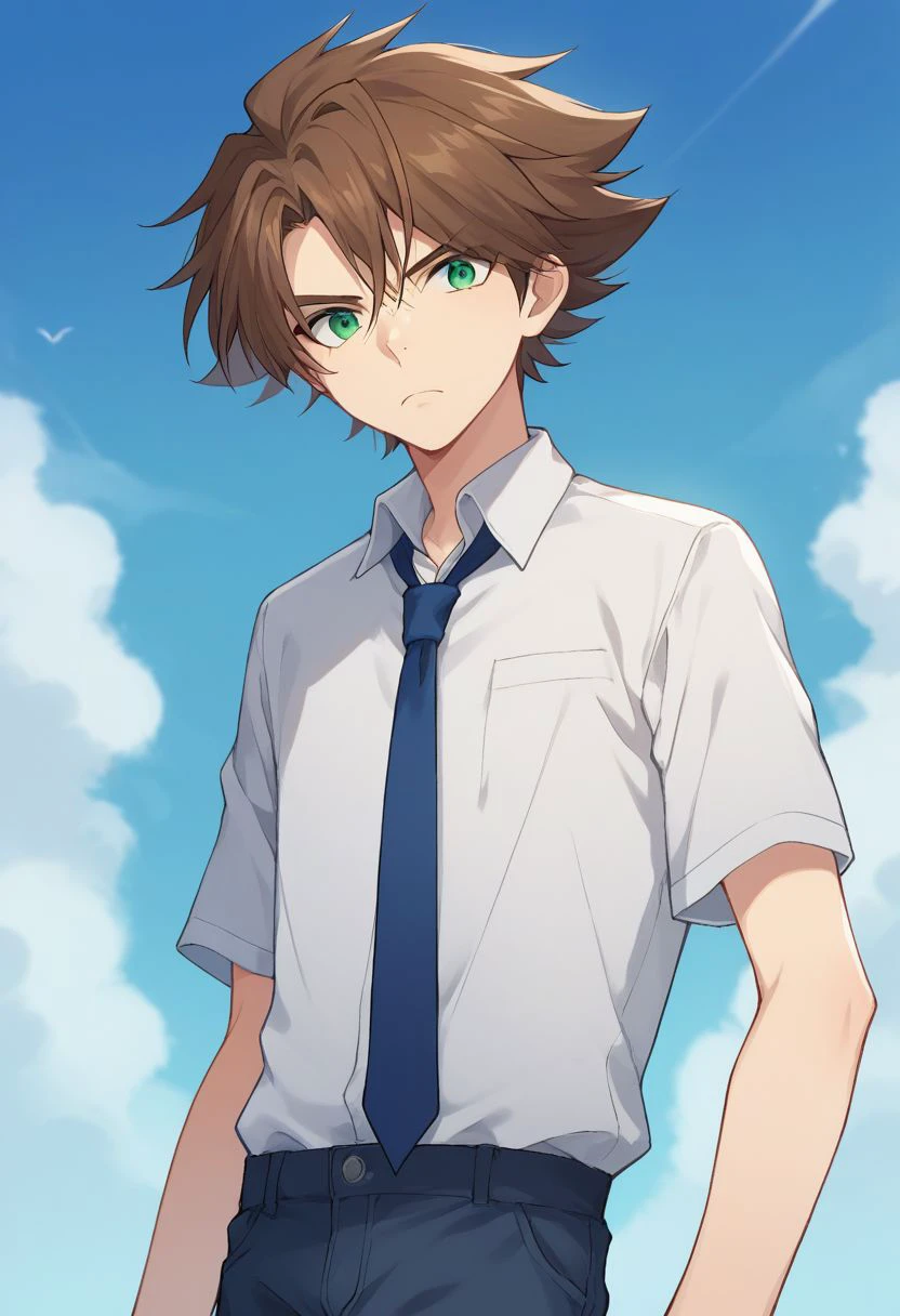 score_9, score_8_up, score_7_up, source_anime, highly detailed, 
kai, 1boy, brown hair, solo, green eyes, male focus, necktie, blue necktie, short sleeves, upper body, shirt, collared shirt, white shirt, pants, looking at viewer, frown,
outdoor, sky,