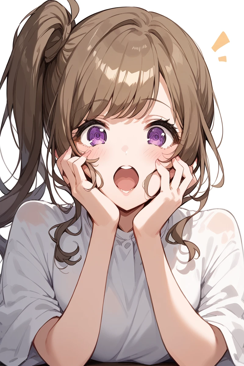 score_9, score_8_up, score_7_up, score_6_up, 1girl,
 <lora:Mizushima_Marika_r2:0.9> marika, brown hair, purple eyes, long hair, side ponytail, @_@, open mouth, hands on cheeks,