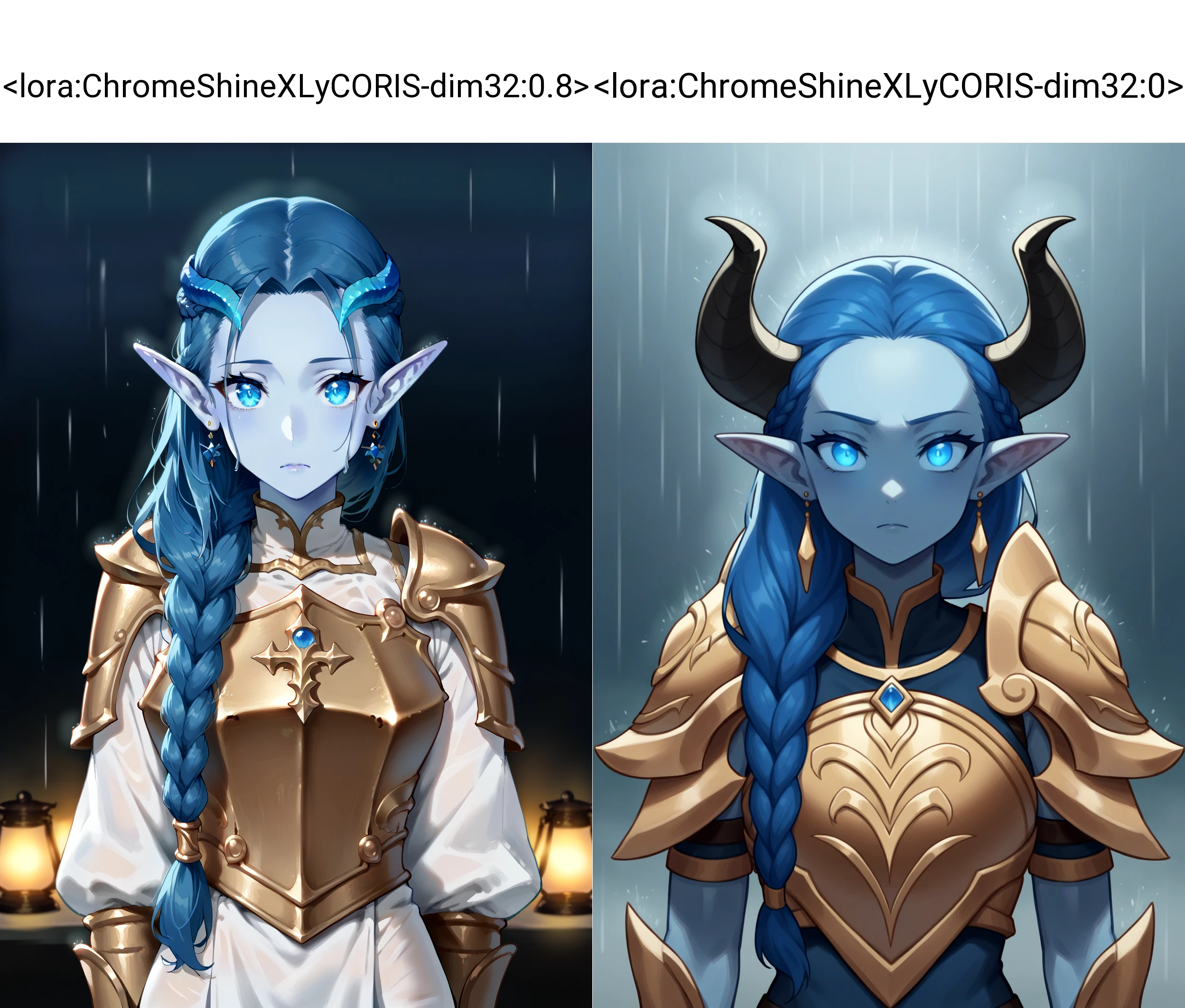 <lora:ChromeShineXLyCORIS-dim32:0.8> score_9, 1girl, solo, long hair, looking at viewer, blue eyes, jewelry, closed mouth, blue hair, braid, earrings, horns, pointy ears, armor, glowing, colored skin, elf, shoulder armor, glowing eyes, rain, pauldrons, blue theme, blue skin