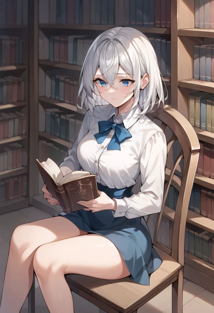 score_9, score_8_up, score_7_up,  amelia lily stafford, blue eyes, hair between eyes, white hair,medium hair, 1girl, sitting in a chair, library, reading a book