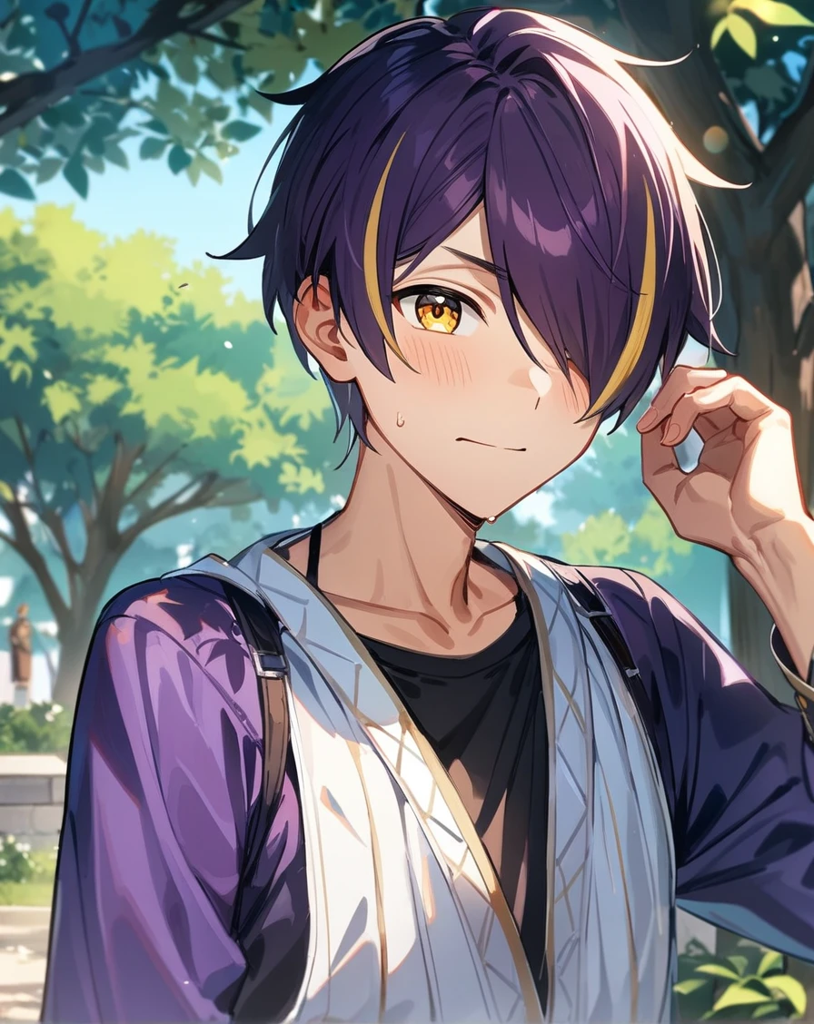 1boy, solo, male only, male focus, upper body, <lora:sengoku_shinobu_sdxl_lora:1>, (sengoku shinobu, purple hair, streaked hair, yellow hair, short hair, hair between eyes, bangs, yellow eyes), outdoors, looking at viewer, masterpiece, best quality, very aesthetic, absurdres, very detailed, sensitive, <lora:Lightning-8:0.5>