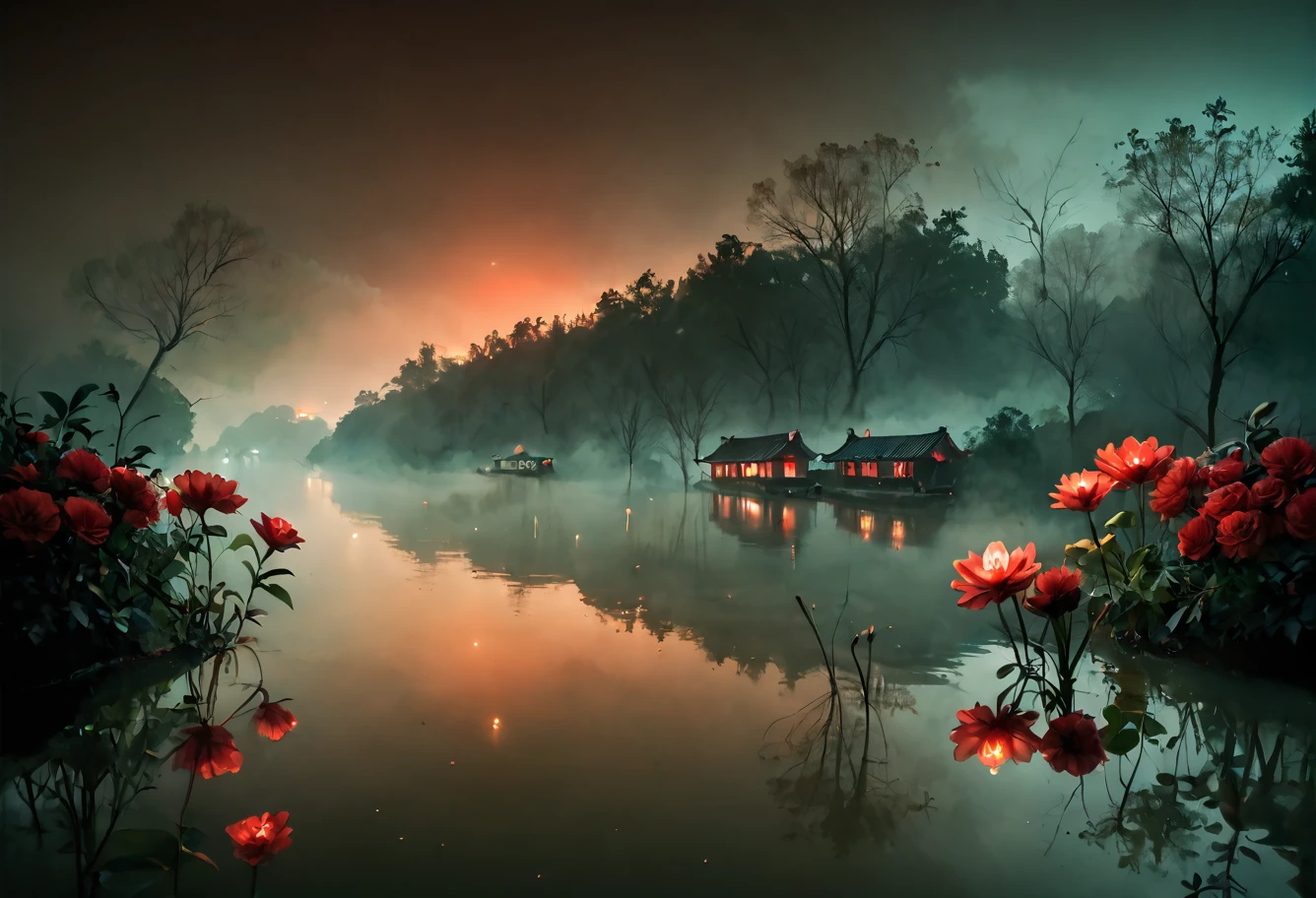 score_9,score_8_up,score_7_up,8k,,ruanyi0699,fog,night,red sky,reflection,red theme,flower,no humans,<lora:0699 Wangchuan River_v1_pony:1>