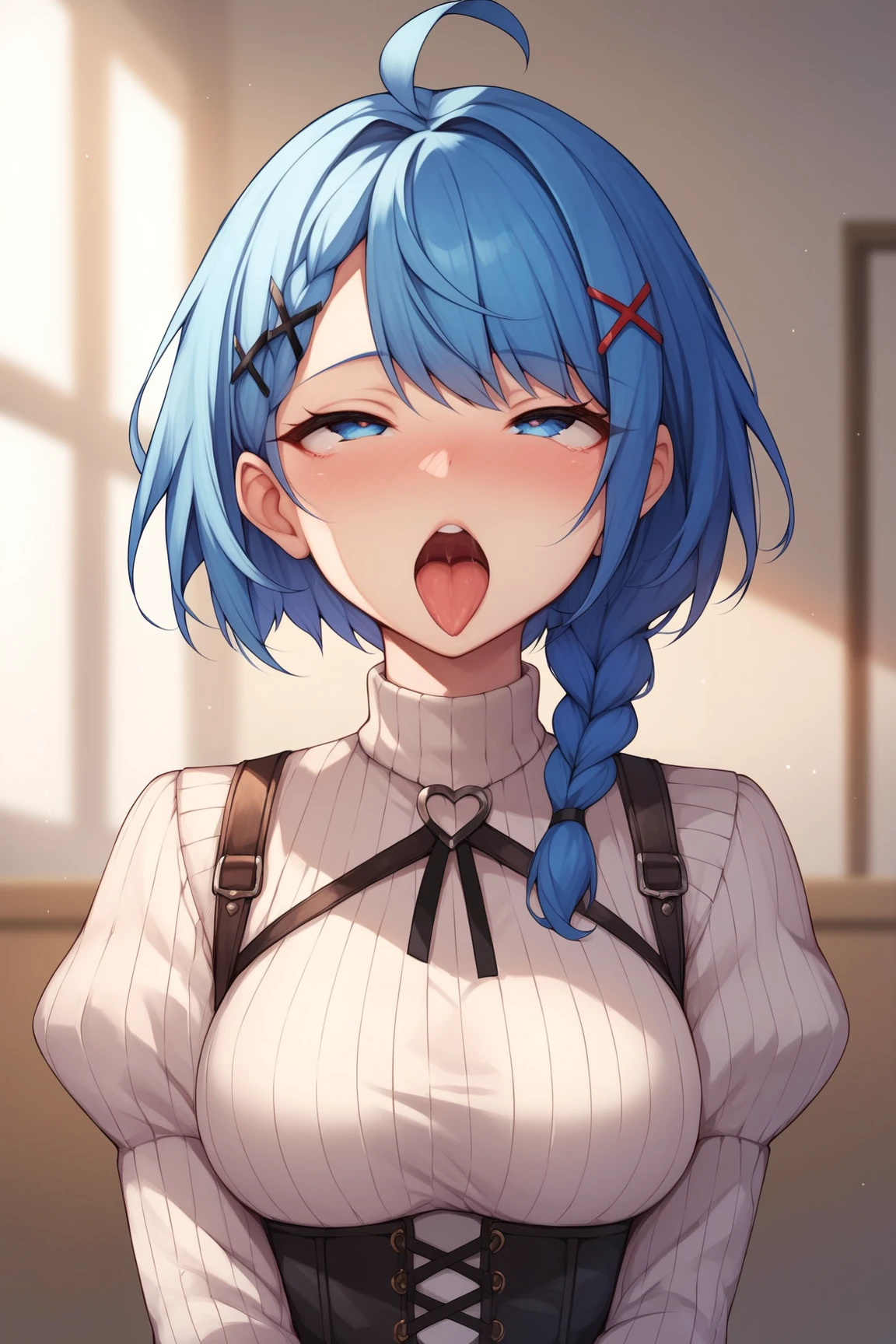 blue hair,blue eyes,short hair,jewelry hairband, short hair, bob cut chain, pet play, collar, full-face blush, embarrassed, lust:1.4,
