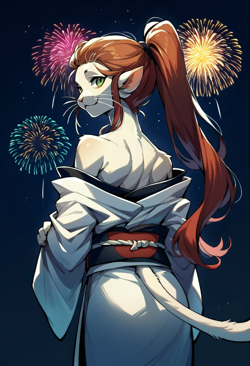 score_9, score_8_up, score_7_up, source_furry, from behind, solo, 1girl, argemia, furry female, whiskers, smile, looking back, ponytail, animal ears, pointy ears, japanese clothes, white kimono, off shoulder, cat tail, bare shoulders, fireworks <lora:voicesofthevoid_argemia_ponyXL:1>