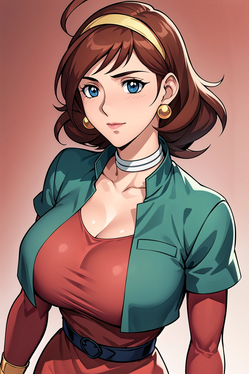 Simple red  Background,
dynamic pose,standing at attention,
green jacket on her shoulders, 
choker, red dress,collarbone, cleavage, 
<lora:Rain_Mikamura_GGundam-KK77-V1:0.7>,earrings , jewelry,
blue eyes, brown hair,bangs,yellow headband,
<lora:more_details:0.1>,<lora:Oda_Non_Style-KK77-V2:0.3>,<lora:Sexy_AIart-KK77-V1:0.3>,
1 girl, 20yo,Young female,Beautiful long legs,Beautiful body,
Beautiful Nose,Beautiful character design, perfect eyes, perfect face,expressive eyes,perfect balance,
looking at viewer,(Focus on her face),closed mouth, (innocent_big_eyes:1.0),(Light_Smile:0.3),
official art,extremely detailed CG unity 8k wallpaper, perfect lighting,Colorful, Bright_Front_face_Lighting,White skin,
(masterpiece:1.0),(best_quality:1.0), ultra high res,4K,ultra-detailed,
photography, 8K, HDR, highres, absurdres:1.2, Kodak portra 400, film grain, blurry background, bokeh:1.2, lens flare, (vibrant_color:1.2),professional photograph,
(Beautiful,large_Breasts:1.4), (beautiful_face:1.5),(narrow_waist),