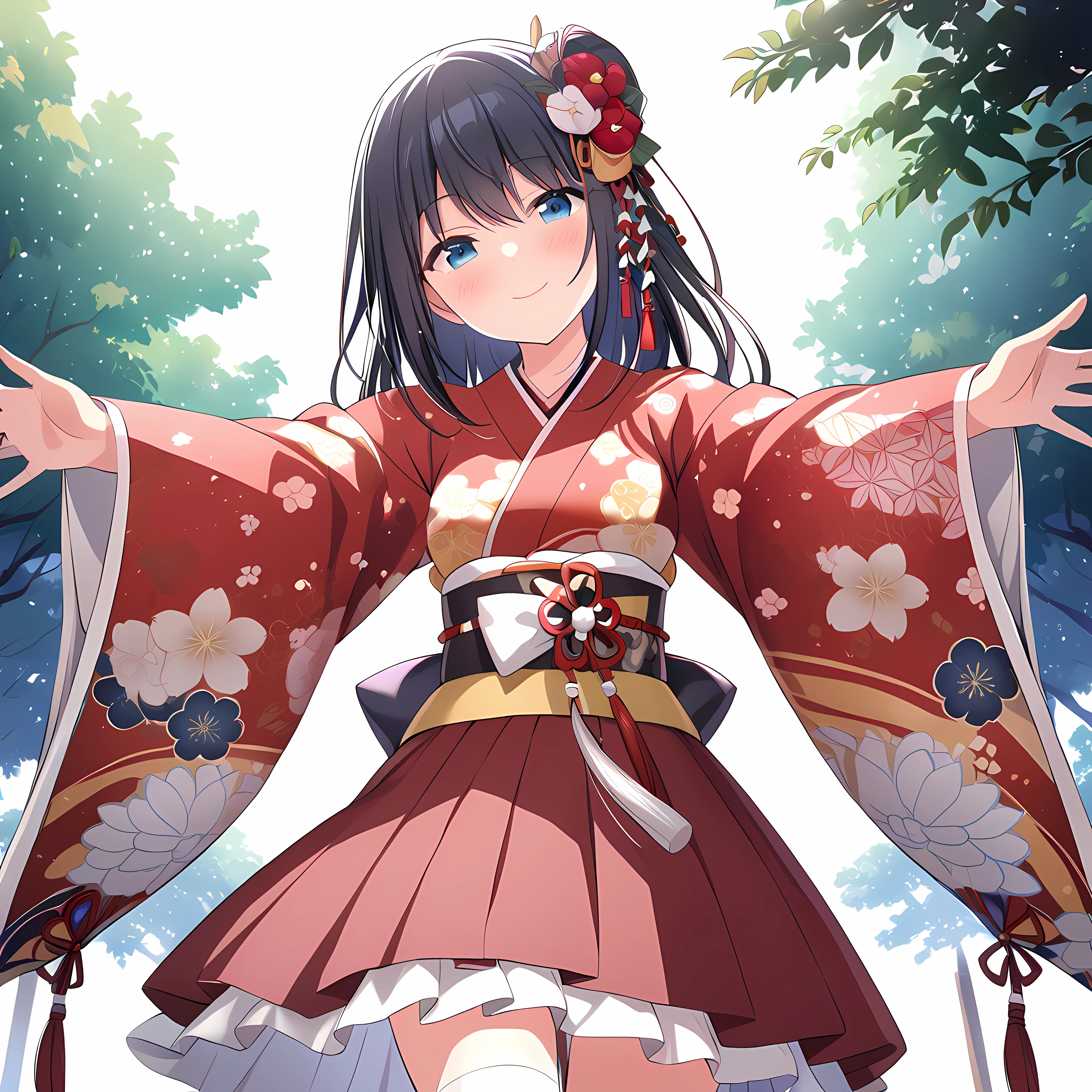 masterpiece,nfsw,outdoor,

nagasemana, 1girl, solo, smile, mana hair ornament, mana kimono, looking at viewer, white socks, nagase tabi, outstretched arms, head tilt, blush, closed mouth,