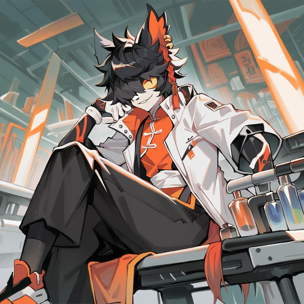 score_9, anime, detailed, soft lighting, 1boy, laboratory. solo anthro male aakarknights, black hair, bangs, hair over one eye, earrings, orange single braid, yellow sclera, slit pupils, black pants, white coat, white sash. chinese clothes, orange vest, looking at viewer, smiling, sitting on chair, smug<lora:EMS-405490-EMS:0.800000>