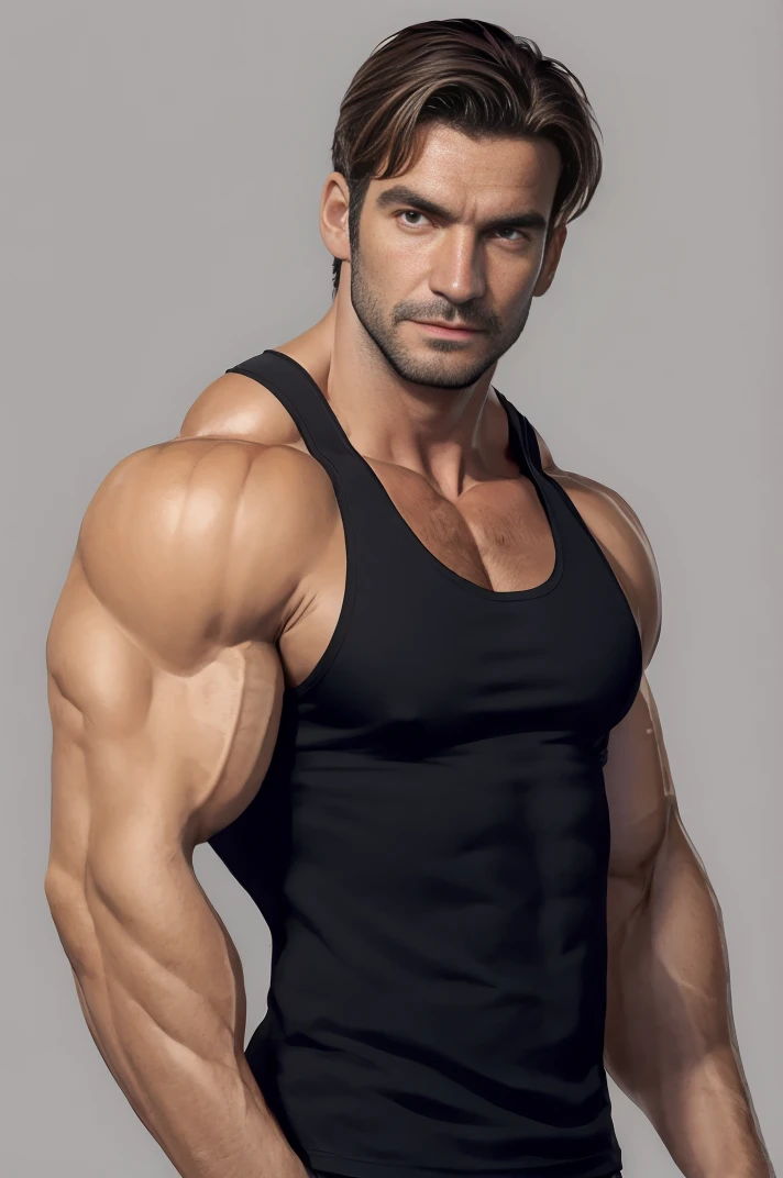 <lora:PeterKrisztia:0.85>, peterkrisztia, absurdres, upper body, stubble, (muscular male:1.3), grey background, black tank top