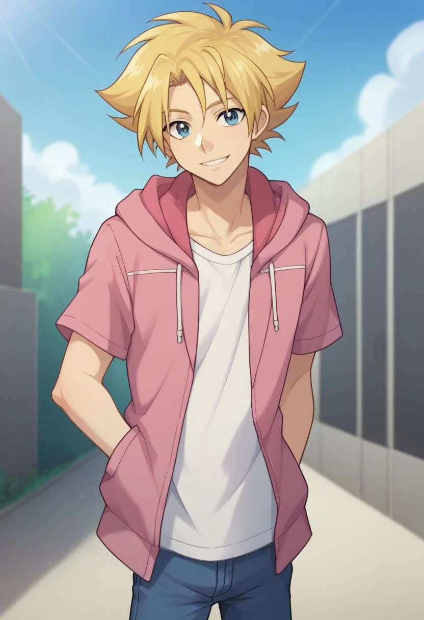 score_9, score_8_up, score_7_up, source_anime, highly detailed, 
taishi, male focus, 1boy, solo, smile, blonde hair, hood,  blue eyes, hoodie, pink hoodie, hood, open hoodie, t-shirt, white t-shirt, pants, upper body,
outdoor, sky,