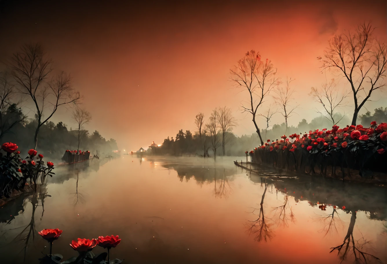 score_9,score_8_up,score_7_up,8k,,ruanyi0699,fog,night,red sky,reflection,red theme,flower,no humans,horror theme,<lora:0699 Wangchuan River_v1_pony:1>