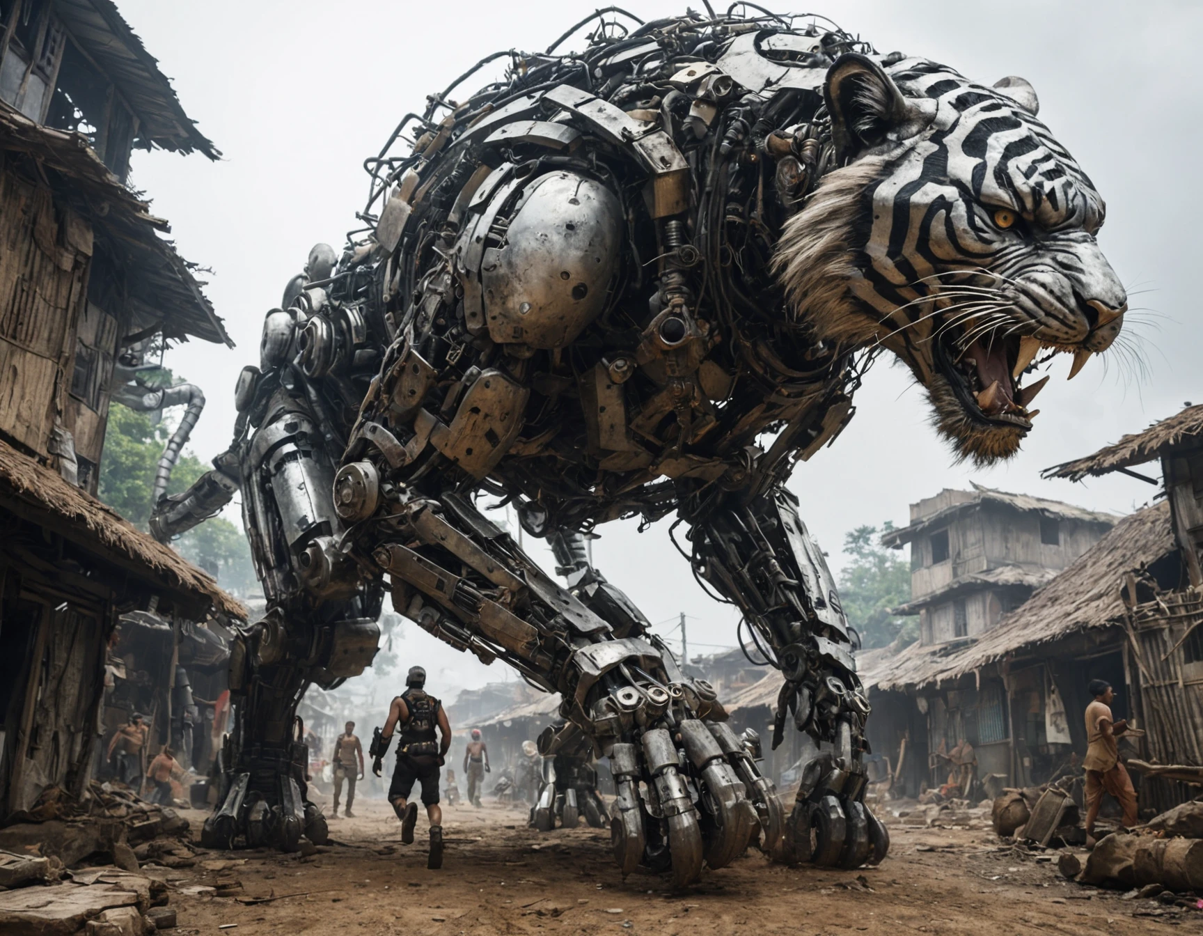 mechanical-tiger rampaging through a jungle village, buildings made out of scrap metal, wide angle, running people, futuristic tribal, intricate, action scene, photograph, robot-animals <lora:d3t41l3dXLP:.2> <lora:add-detail-xl:.2>