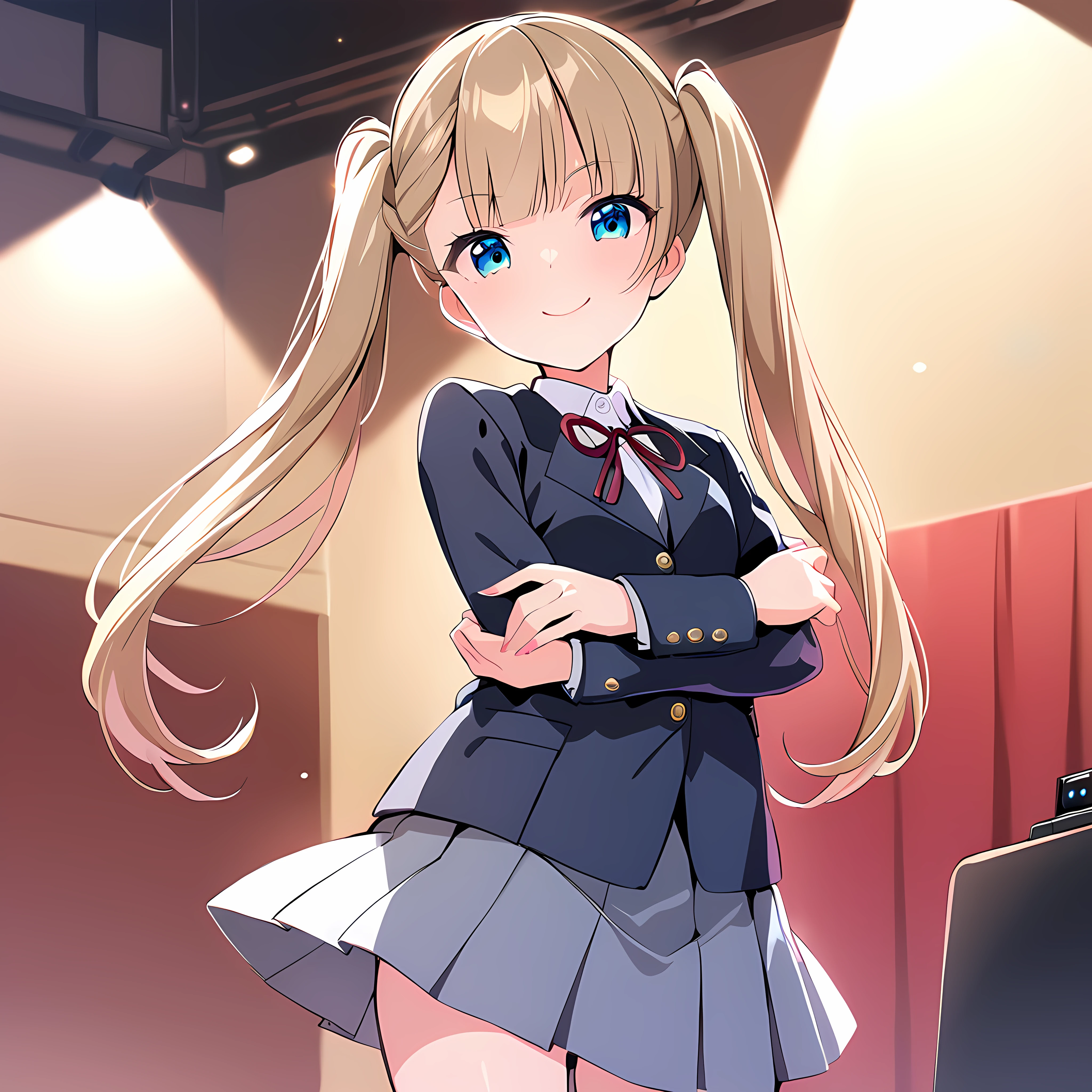 masterpiece,nfsw,indoor,on stage,
narumiya suzu, 1girl, solo, twintails,looking at viewer, smile, kon school uniform, crossed arms, closed mouth, cowboy shot, standing,