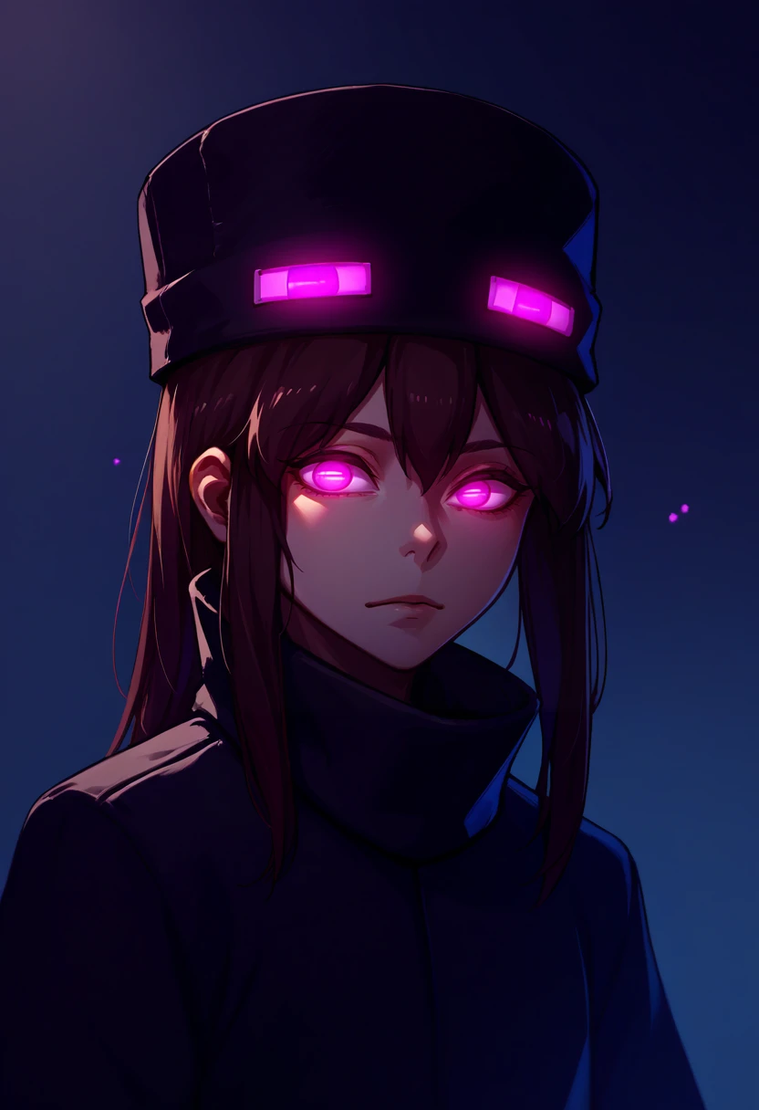 score_9, score_8_up, score_7_up, source_anime, upper body, horizontal pupils, <lora:HorizontalPupils_XLPD:1>, <lora:Enderman_XLPD:0.8> Enderman-chan, black jacket, high collar, enderman hat, glowing, glowing eyes, looking at viewer,