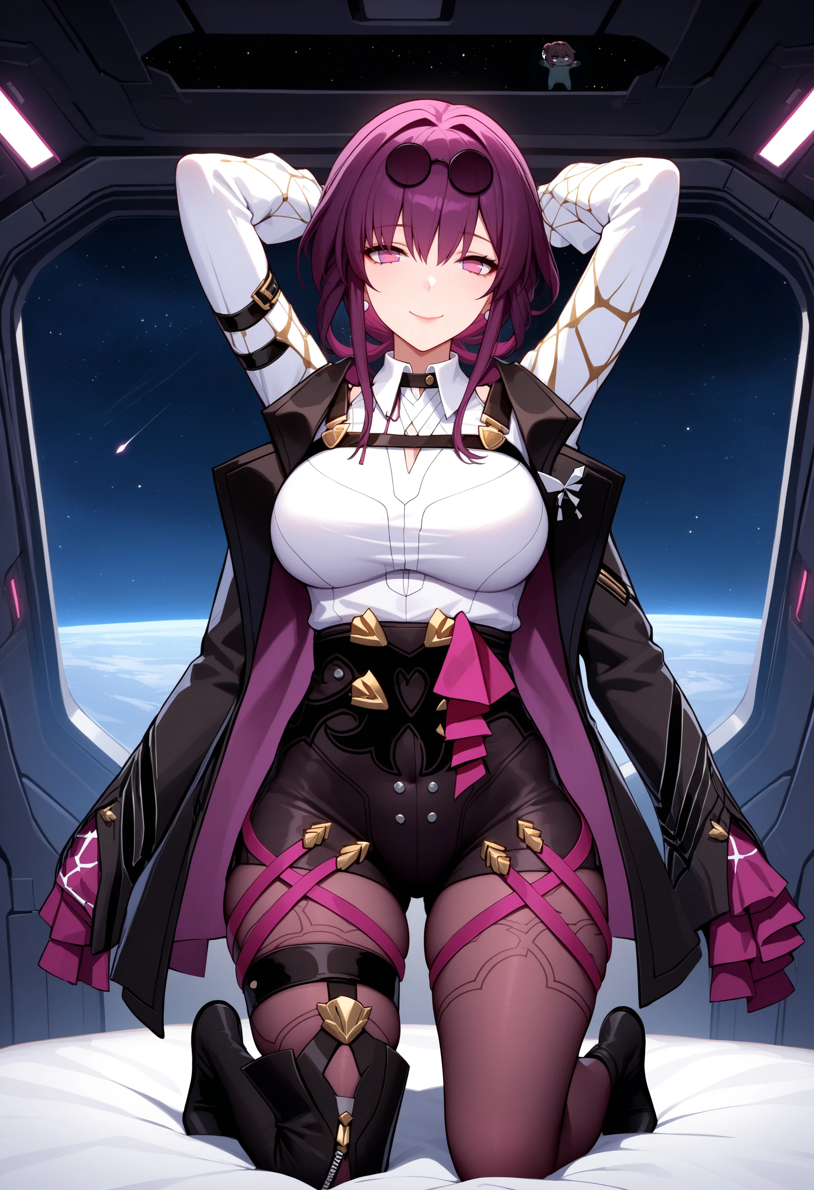 <lora:kafka_hsr_xypher_amxl_v1:0.8> kafhsr, kafka, no pupils, eyewear on head, smile, collared shirt, chest harness, jacket on shoulders, black jacket, purple gloves, high-waist shorts, pantyhose under shorts, pantyhose, thigh straps, long white sleeves, asymmetrical footwear, thigh boots, single thigh boot, black boots, kneeling, arms behind head, bed, starry sky, space, science fiction, spaceship interior, window, dark theme, masterpiece, best quality, very aesthetic, absurdres