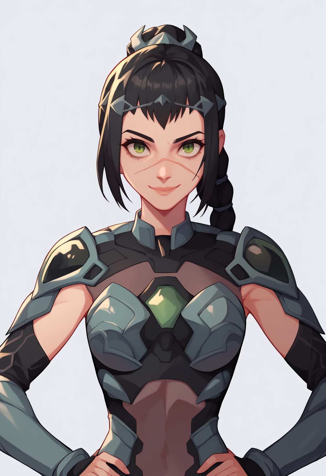 score_9, score_8_up, 1girl, solo, shadowheart, black hair, braided ponytail, green eyes, scar on face,
astsuit, armor
upper body, looking at viewer, smile, hands on hips, simple background  <lora:ShadowHeartXL:0.8>   <lora:ASTsuitXL:1>