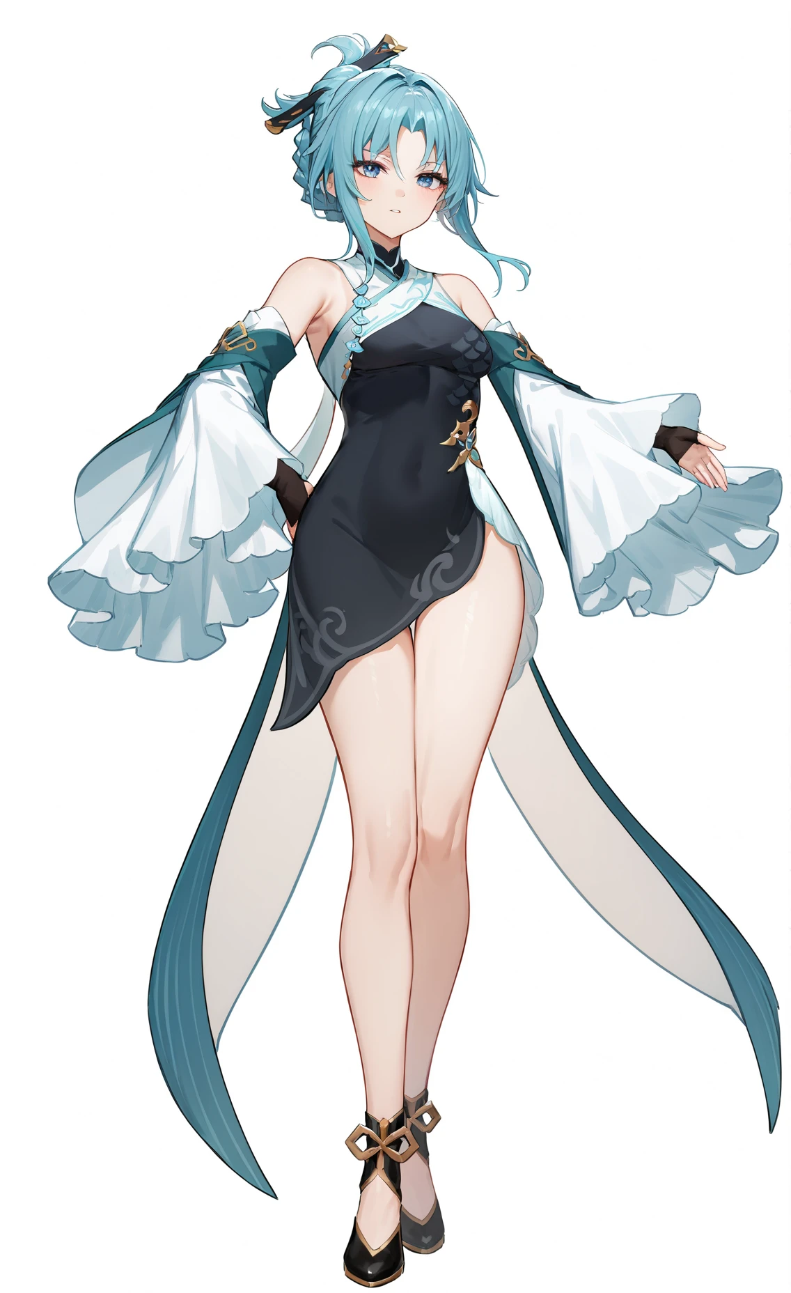 8k, best quality, masterpiece, (ultra-detailed), (high detailed skin), (white background:1.5),
(full body), (white background), standing, looking at viewer, (solo),
<lora:ping-gui-A3-Tanger:0.8>, aping, aping's def clothes, detached sleeves, aping's dress, chinese clothes, blue hair, parted bangs
full_shot,