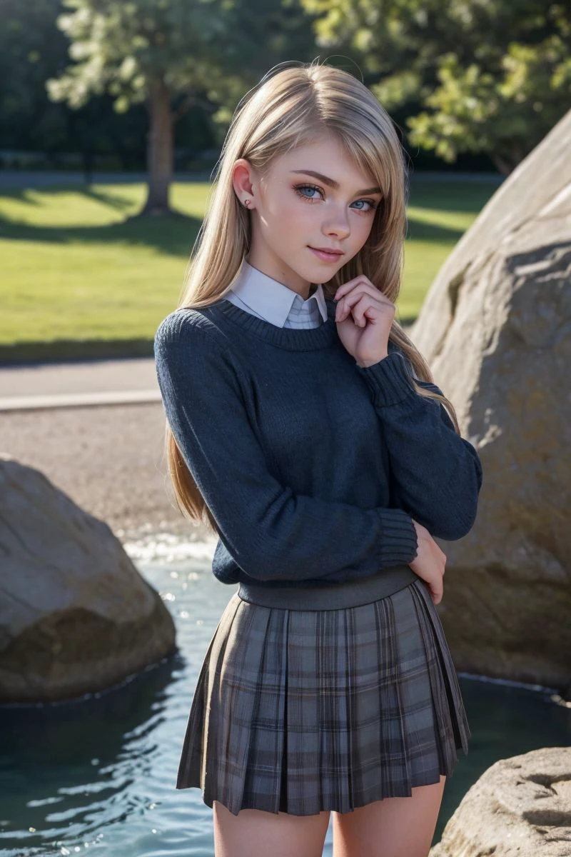 photo of S450_HannahHays,a stylish woman,in a (rocky-area:1.1),wearing a (sweater),(skirt),(4k, RAW photo, best quality, 50mm, depth of field, ultra high res:1.1),(intricate, photorealistic, cinematic-shot, masterpiece, ultra-detailed:1.1),