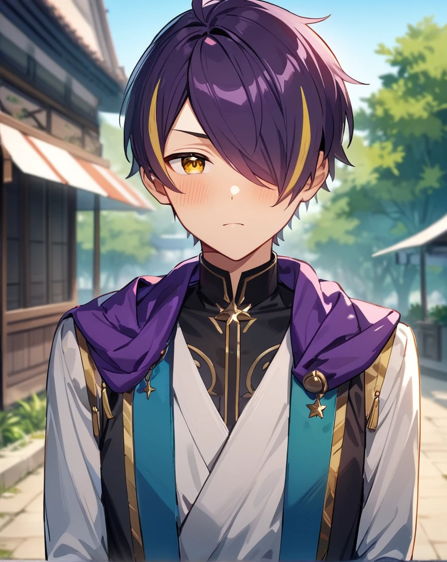 1boy, solo, male only, male focus, upper body, <lora:sengoku_shinobu_sdxl_lora:1>, (sengoku shinobu, purple hair, streaked hair, yellow hair, short hair, hair between eyes, bangs, yellow eyes), outdoors, looking at viewer, masterpiece, best quality, very aesthetic, absurdres, very detailed, sensitive, <lora:Lightning-8:0.5>