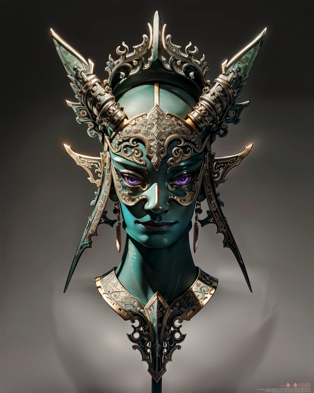 best quality,masterpiece,highly detailed,ultra-detailed, 
 <lora:neg9V2_last:0.5>  
 <lora:sanxingdui:1>sanxingdui ,bronze hair ornament, pointy ears, ponytail, purple skin elf,portrait,, medieval,1girl,(Camail),An armor made of chainmail hood,Moderate breasts ,,  narrow waist, Shaved Sides with Neon Streaks - Magenta    , fantastic details full face, dot nose,detailed Ghostly eyes, pale yellow iris, straight eyebrows, pale white beautiful Detailed Eyes,    lips at  (Dragon-guarded Treasures:1.3), Enormous mythical beasts protecting hoards of valuable and magical items,