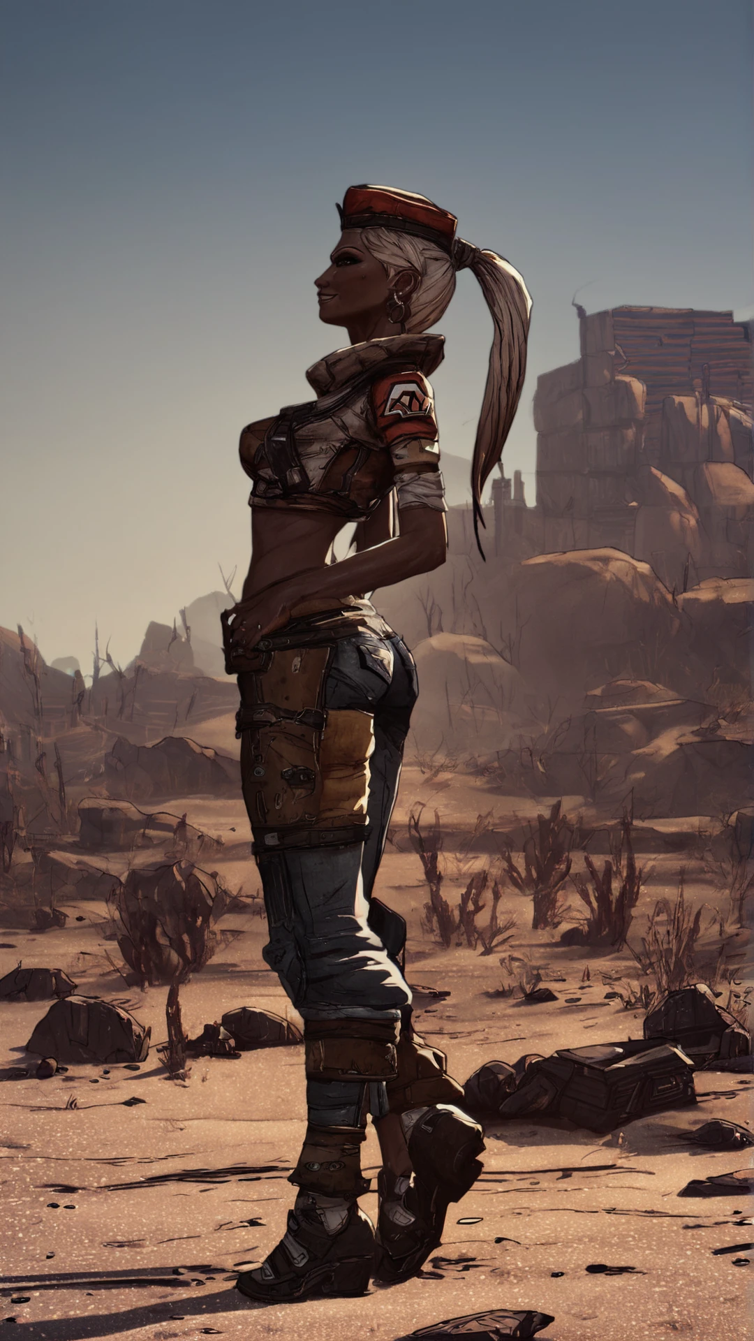 score_9, score_8_up, score_7_up, score_6_up, score_5_up, score_4_up, <lora:2BorderlandsStyle_epoch_8:0.99> borderlands_style, desert, building, 
ponytail, smile, hat, 1girl, dark_skin, , (high quality, detailed, beautiful)