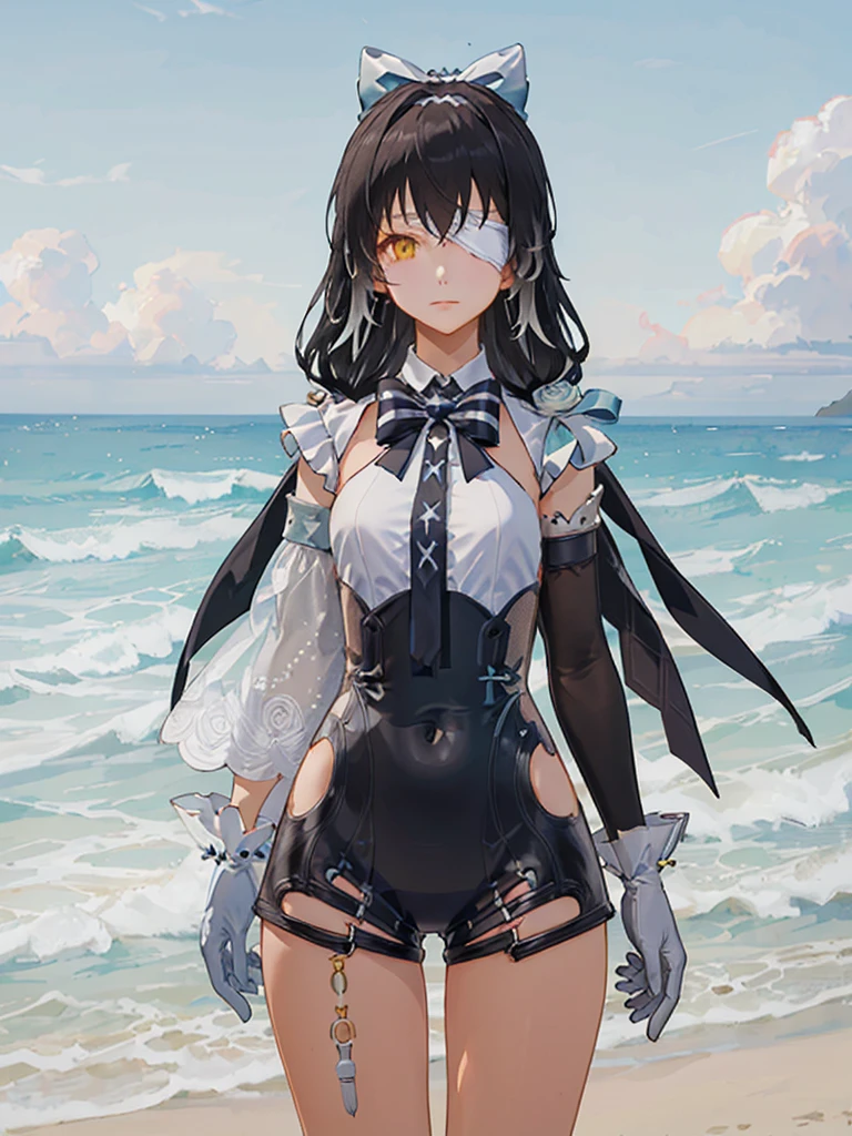 MAUXIR, leotard, asymmetrical_sleeves,  single_gloves,  bowtie, hair_bow, yellow_eyes, eyepatch, two-tone_hair,  long hair,  black hair,  cowboy shot,  1girl, solo,  looking at viewer, standing,  day, beach, ocean, blue sky, cloud, summer,  (masterpiece,best quality,beautiful and aesthetic:1.2),  <lora:MAUXIR-V3:1>