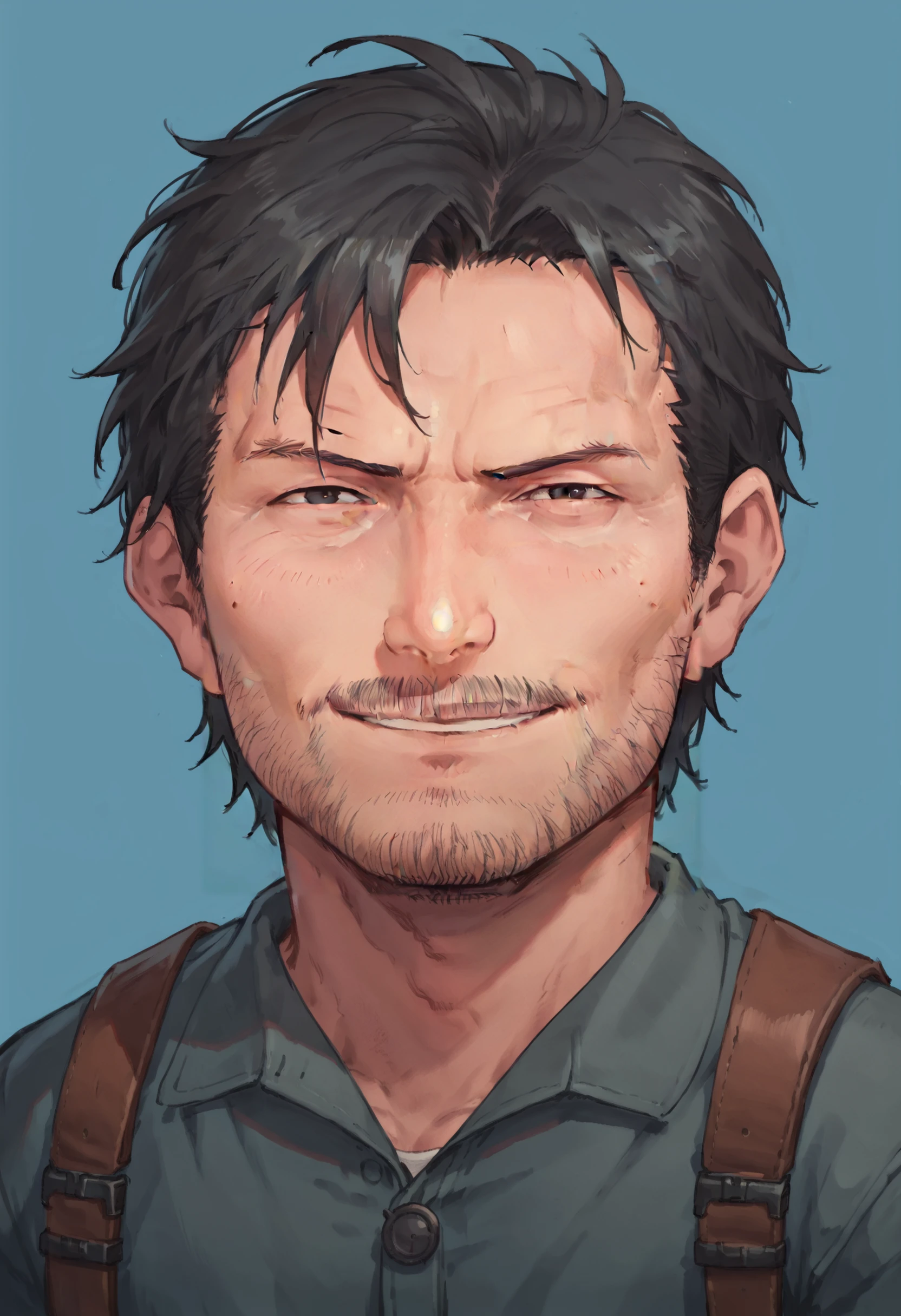 score_9, score_8_up, score_8, source_anime, 1boy, <lora:SebastianCastellanos:0.85> ,solo, facial hair, beard, black hair, short hair, upper body, holster, <lora:xl_anya's_heh_face(pony)3:0.6> Comical face, smirk, smile, black eyes
light blue background, simple background,