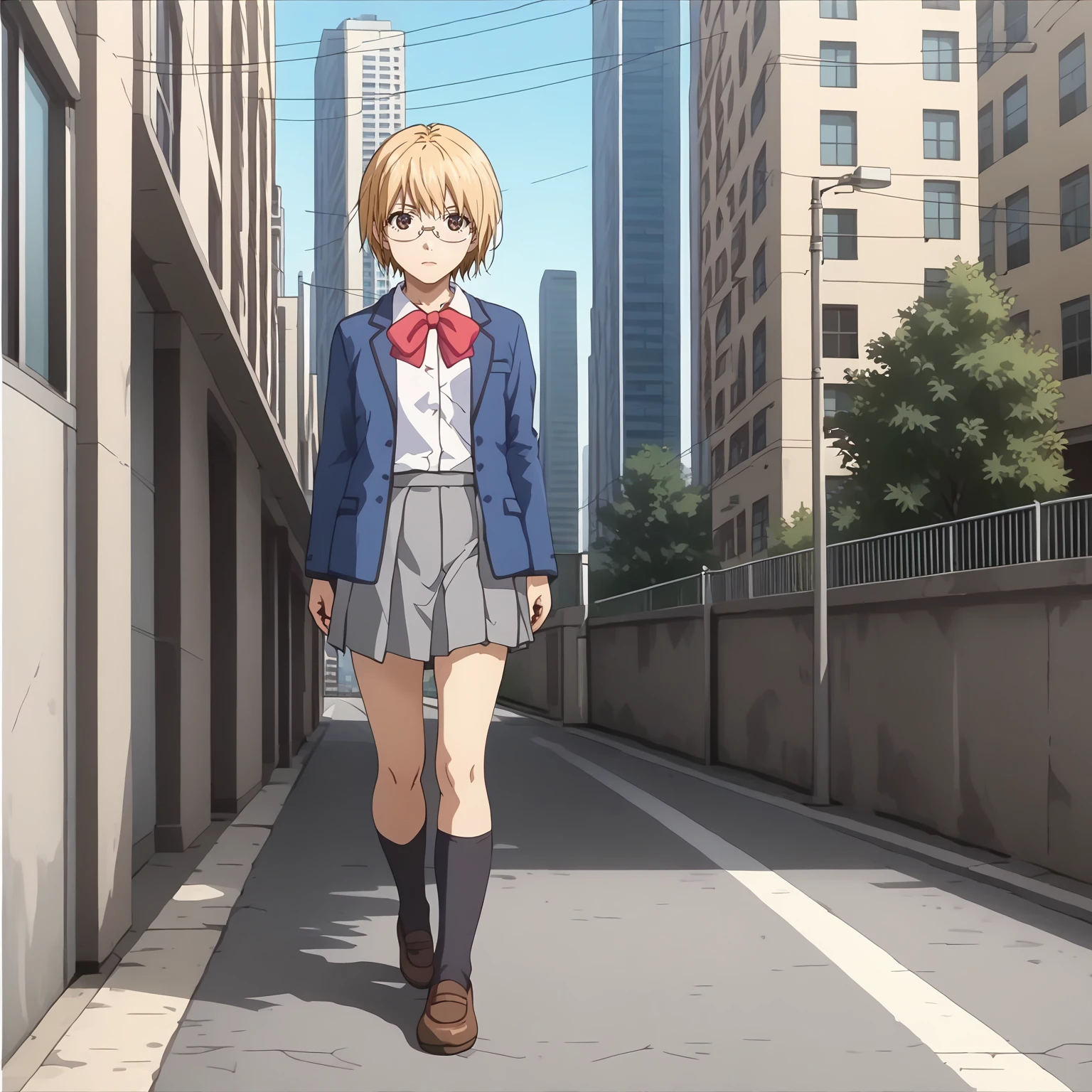 <lora:ShokoShimuraXLpony001>,
solo,
ShokoShimura,1girl,blonde hair,short hair,brown eyes,eyewear,
school_uniform,blue jacket,red bowtie,
pleated_skirt,gray skirt,
black socks,
full body,standing,
realistic background,
sunlight,city,skyscraper,road,