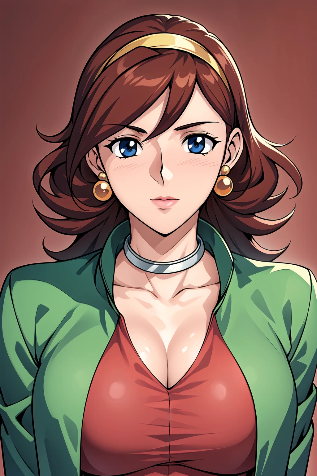 Simple red  Background,
dynamic pose,standing at attention,
green jacket on her shoulders, 
choker, red dress,collarbone, cleavage, 
<lora:Rain_Mikamura_GGundam-KK77-V1:0.7>,earrings , jewelry,
blue eyes, brown hair,bangs,yellow headband,
<lora:more_details:0.1>,<lora:Oda_Non_Style-KK77-V2:0.3>,<lora:Sexy_AIart-KK77-V1:0.3>,
1 girl, 20yo,Young female,Beautiful long legs,Beautiful body,
Beautiful Nose,Beautiful character design, perfect eyes, perfect face,expressive eyes,perfect balance,
looking at viewer,(Focus on her face),closed mouth, (innocent_big_eyes:1.0),(Light_Smile:0.3),
official art,extremely detailed CG unity 8k wallpaper, perfect lighting,Colorful, Bright_Front_face_Lighting,White skin,
(masterpiece:1.0),(best_quality:1.0), ultra high res,4K,ultra-detailed,
photography, 8K, HDR, highres, absurdres:1.2, Kodak portra 400, film grain, blurry background, bokeh:1.2, lens flare, (vibrant_color:1.2),professional photograph,
(Beautiful,large_Breasts:1.4), (beautiful_face:1.5),(narrow_waist),