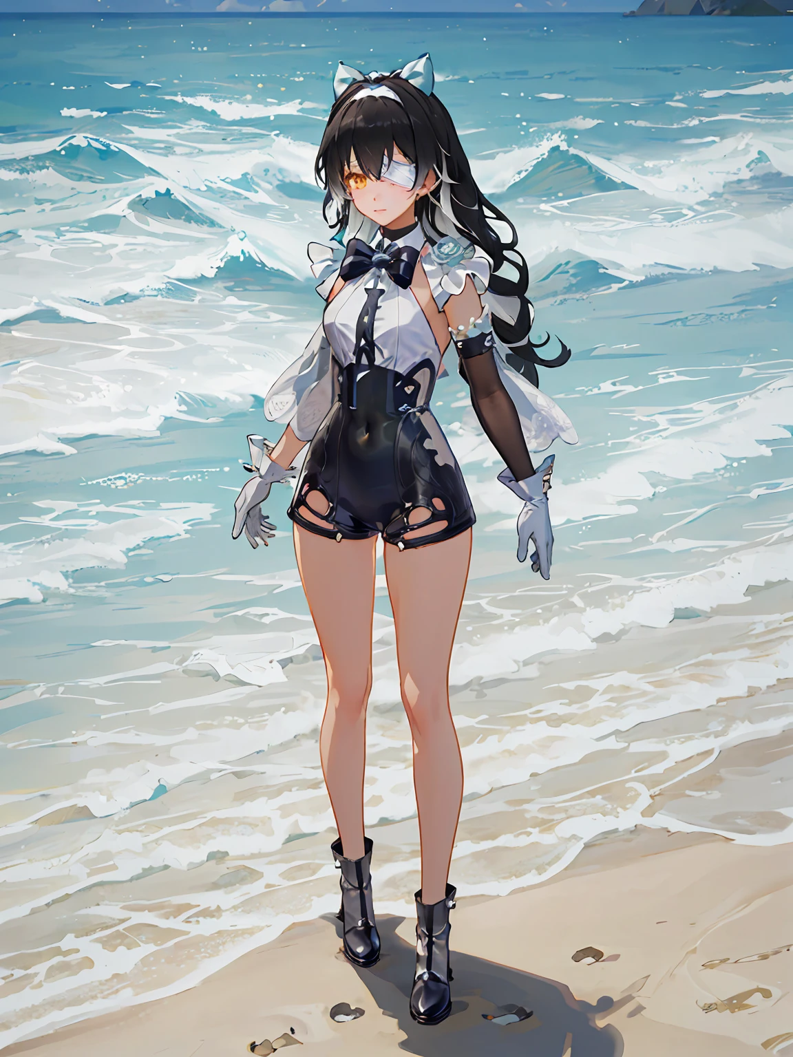 MAUXIR, leotard, asymmetrical_sleeves, single_gloves,   bowtie, hair_bow, yellow_eyes, eyepatch, two-tone_hair,  long hair,  black hair,  full_body,  1girl, solo,  looking at viewer, standing,  day, beach, ocean, summer, dappled sunlight,   (masterpiece,best quality,beautiful and aesthetic:1.2), <lora:MAUXIR-V3:1>