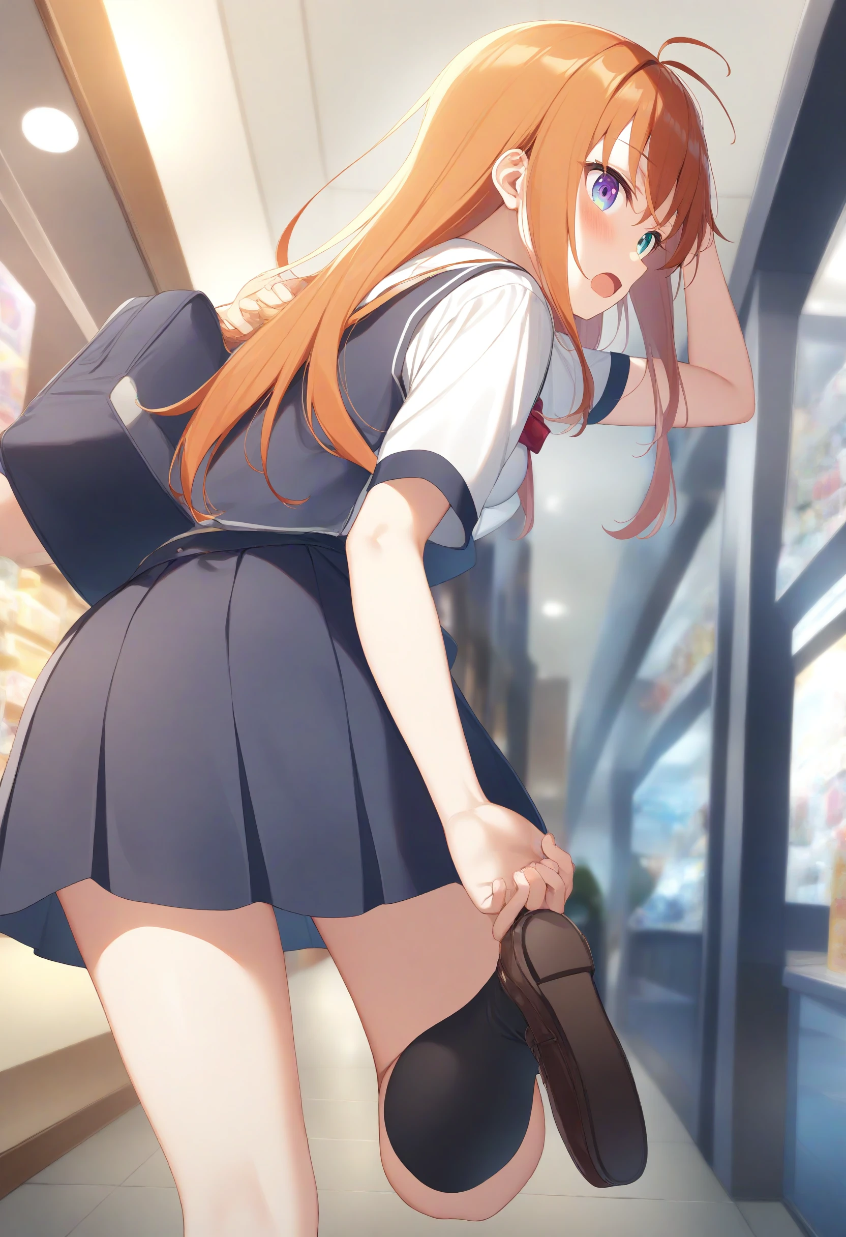 1girl,sincos, ningen mame, toosaka asagi,solo,medium breasts,school uniform,
adjusting footwear,adjusting clothes,putting on shoes,shoes,<lora:adjustingfootwear_XL_v1:0.8>
from behind, upper body, looking back, orange hair, heterochromia,flustered, underground mall, open mouth, side hair,,
best quality, very aesthetic, absurdres