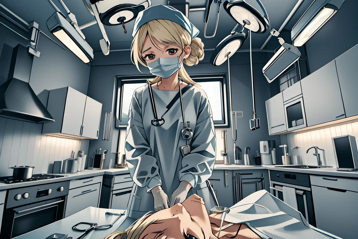 (RAW photo, best quality,facing the viewer,from front), operating room, overhead surgical light,blurred background, focused, dithering,backlighting,
 <lora:CM_Scene_Surgery_Homemade_V2.0-000007:0.85> scene_homemadesurg, surgical mask, multiple girls, intravenous drip, doctor,
<lora:Sayuri_Brooks_V1.0:0.8> sayuri brooks, 1girl, solo, anime coloring,blonde hair, red eyes,